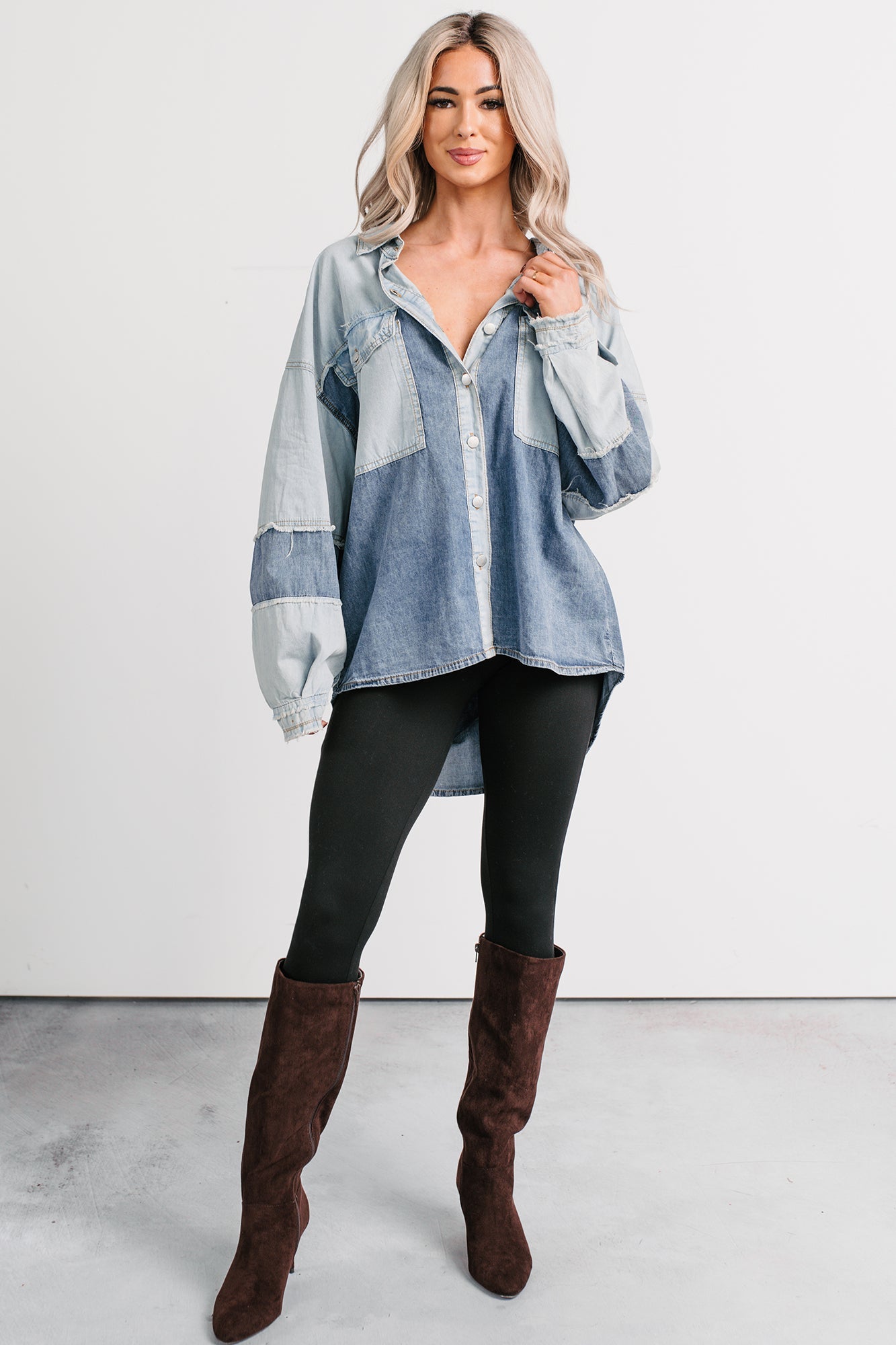 Laugh Lines Raw Seam Denim Shacket (Denim Multi)