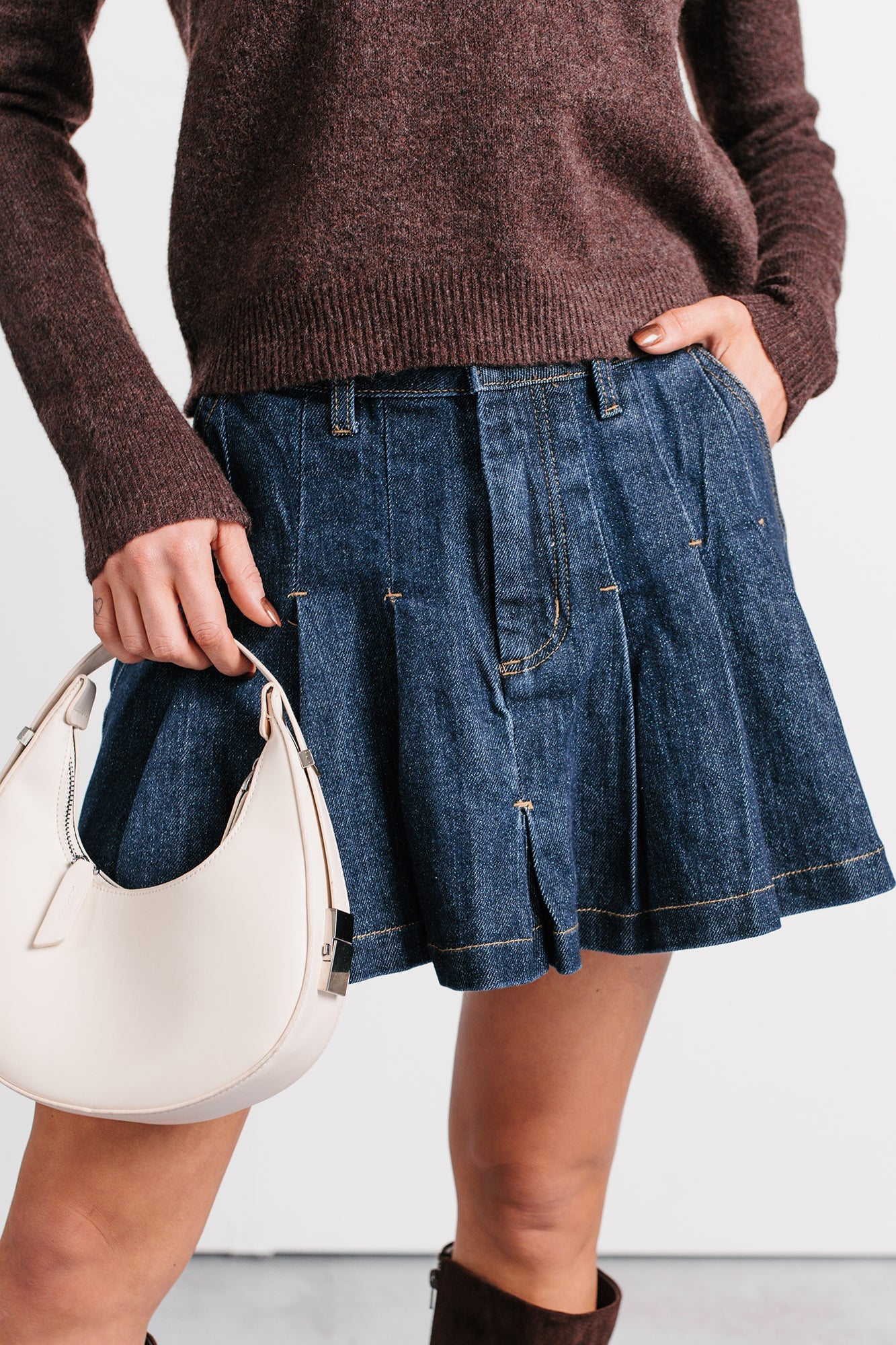 Could Be Us Pleated Glittery Denim Mini Skirt (Indigo)