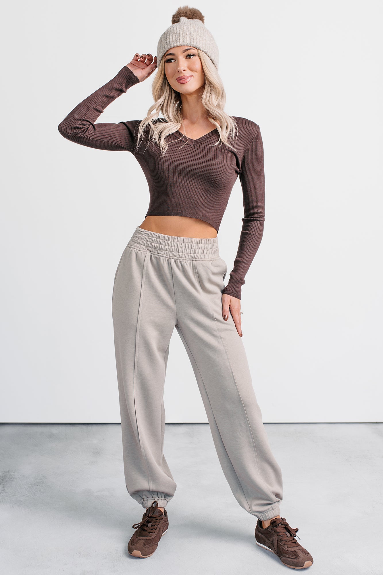 Born Sweet V Neck Ribbed Knit Top (Dark Brown)