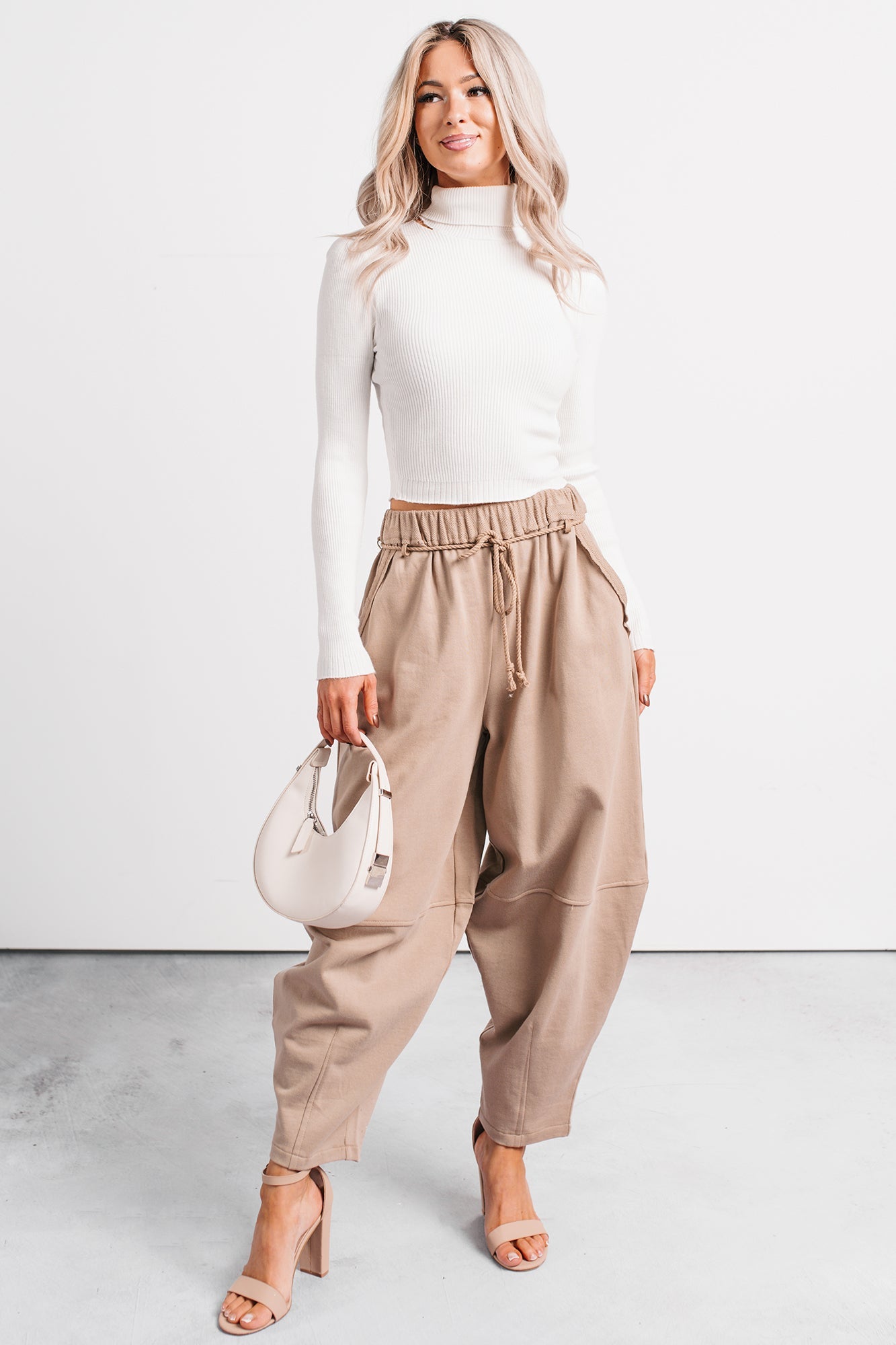 Wandering Home Braided Tie Barrel Sweatpants (Taupe)