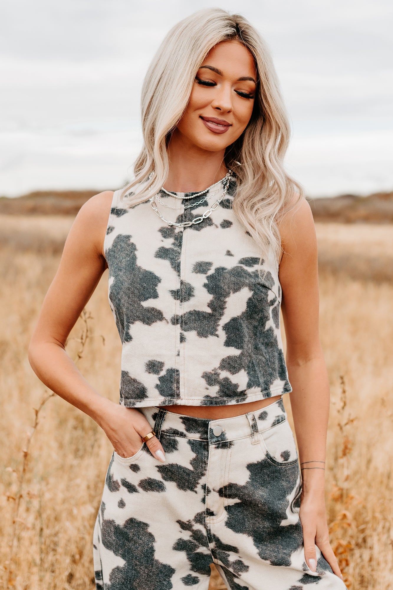 Blushin' Boots Sleeveless Denim Cow Print Top (Brown)