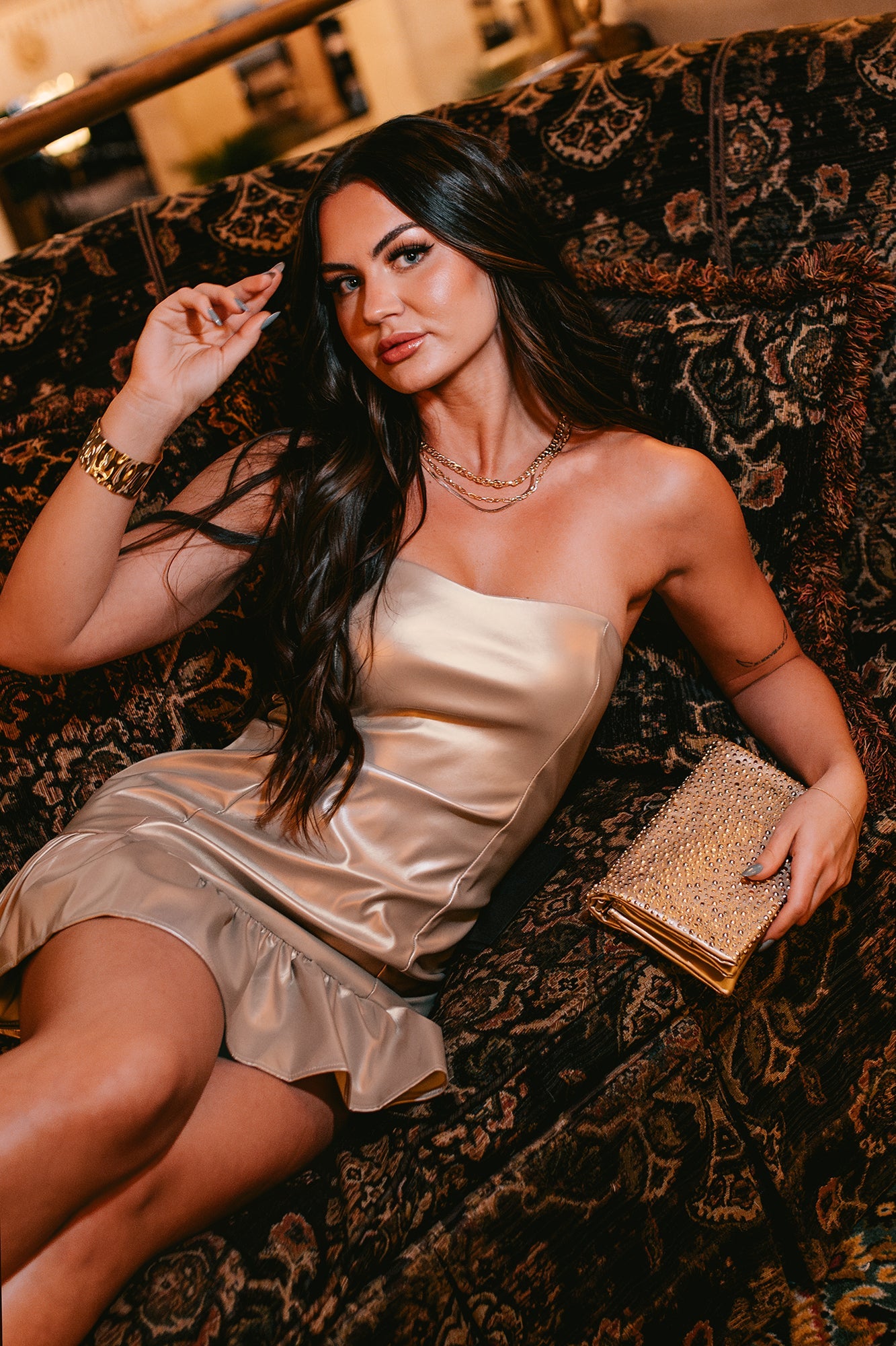 My Shining Moment Strapless Ruffled Faux Leather Dress (Champagne Gold)