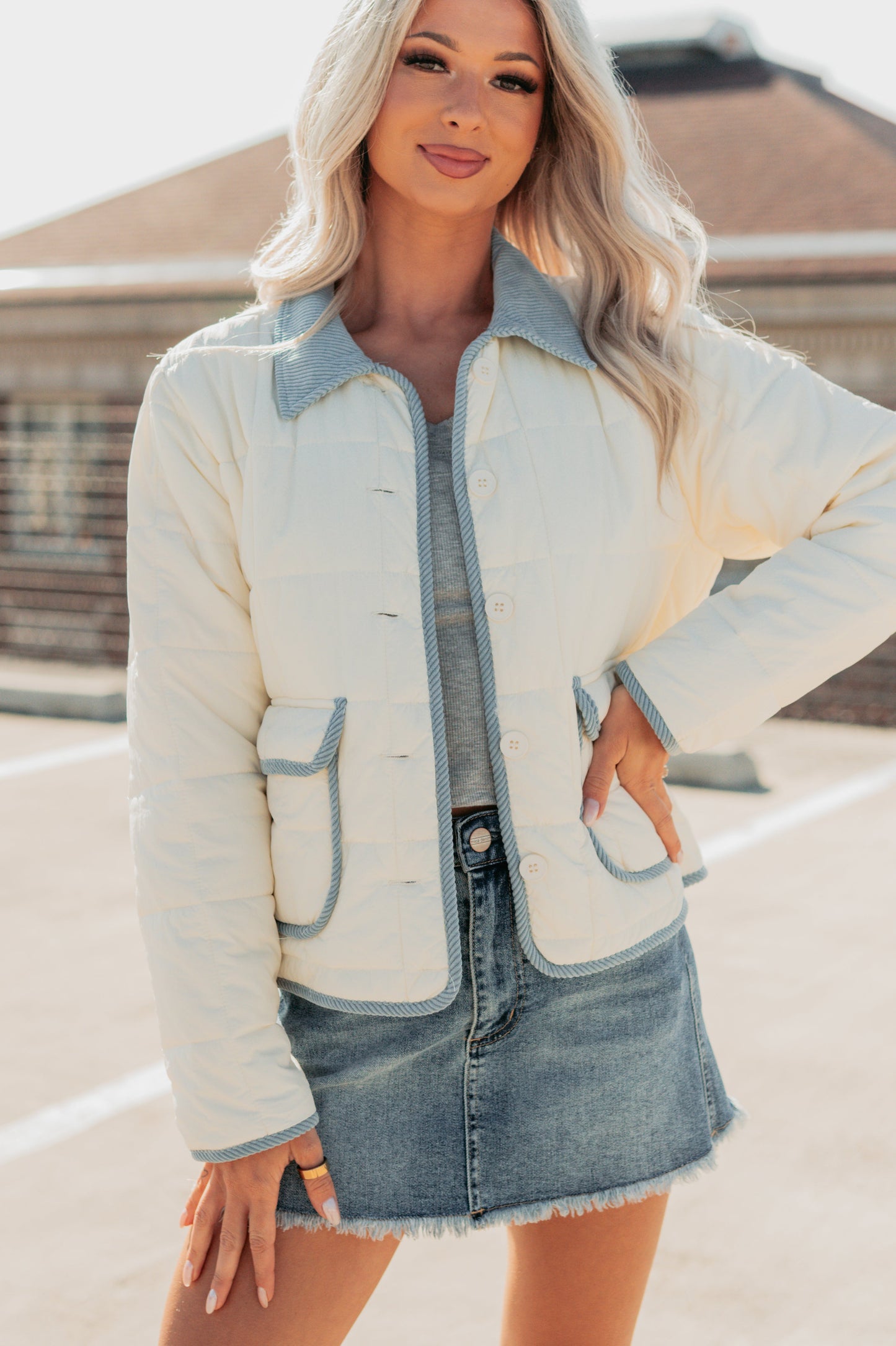 Chasing Dreams Contrast Seam Puffer Jacket (Ecru)