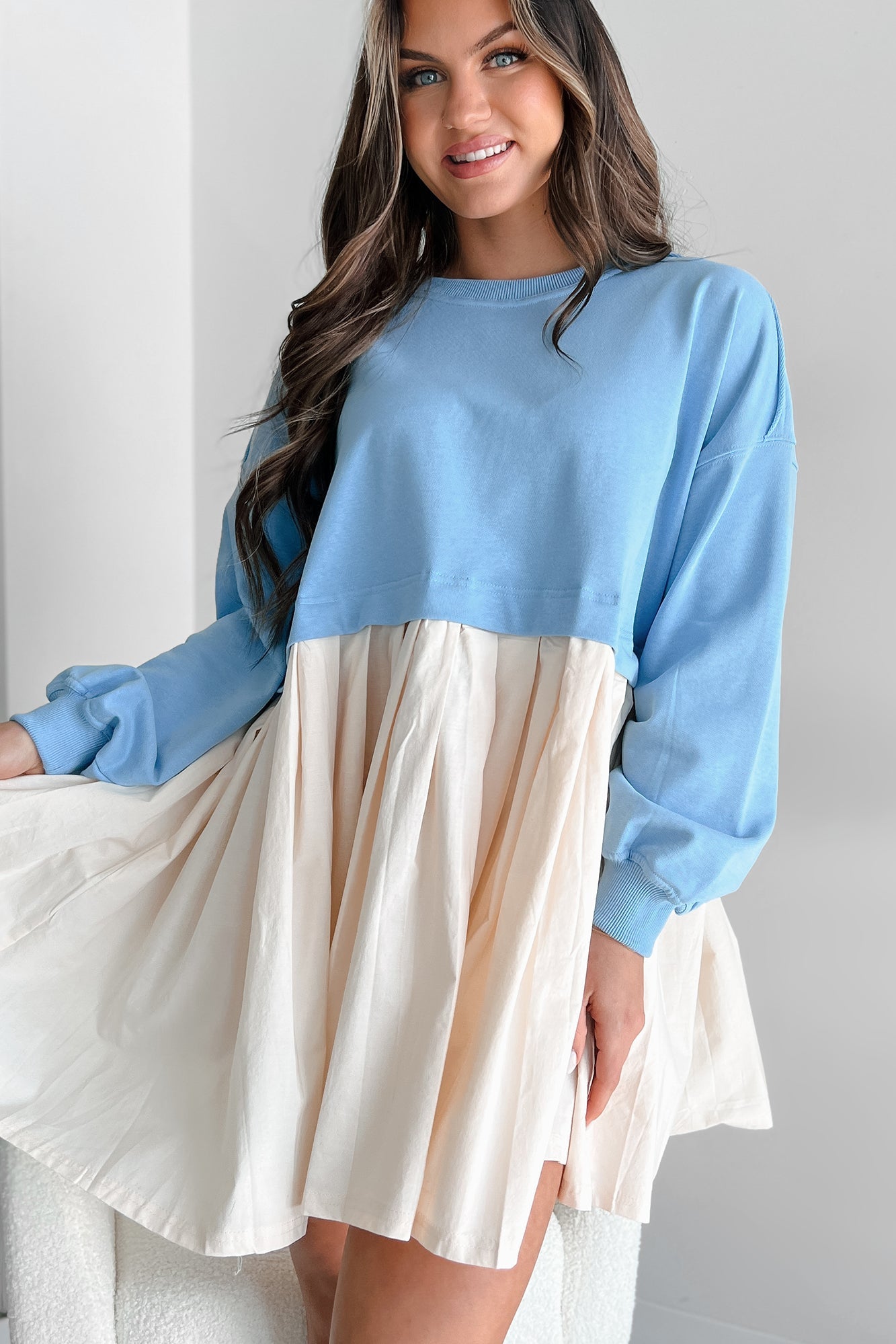Convincing Act Two-Tone Mini Dress (Chambray Blue)