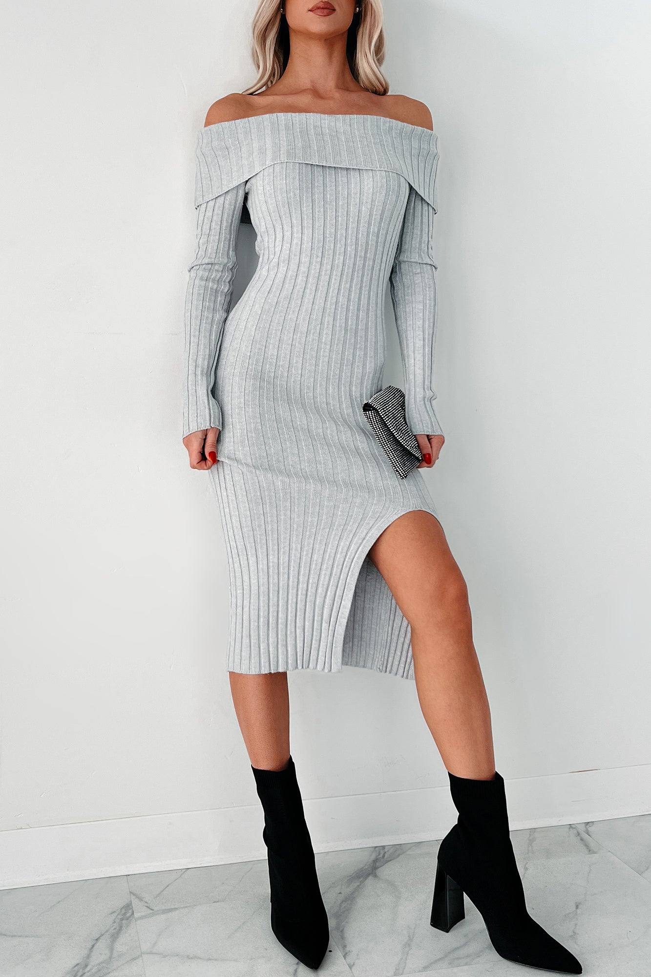 Leah Off The Shoulder Sweater Dress (Light Heather Grey)