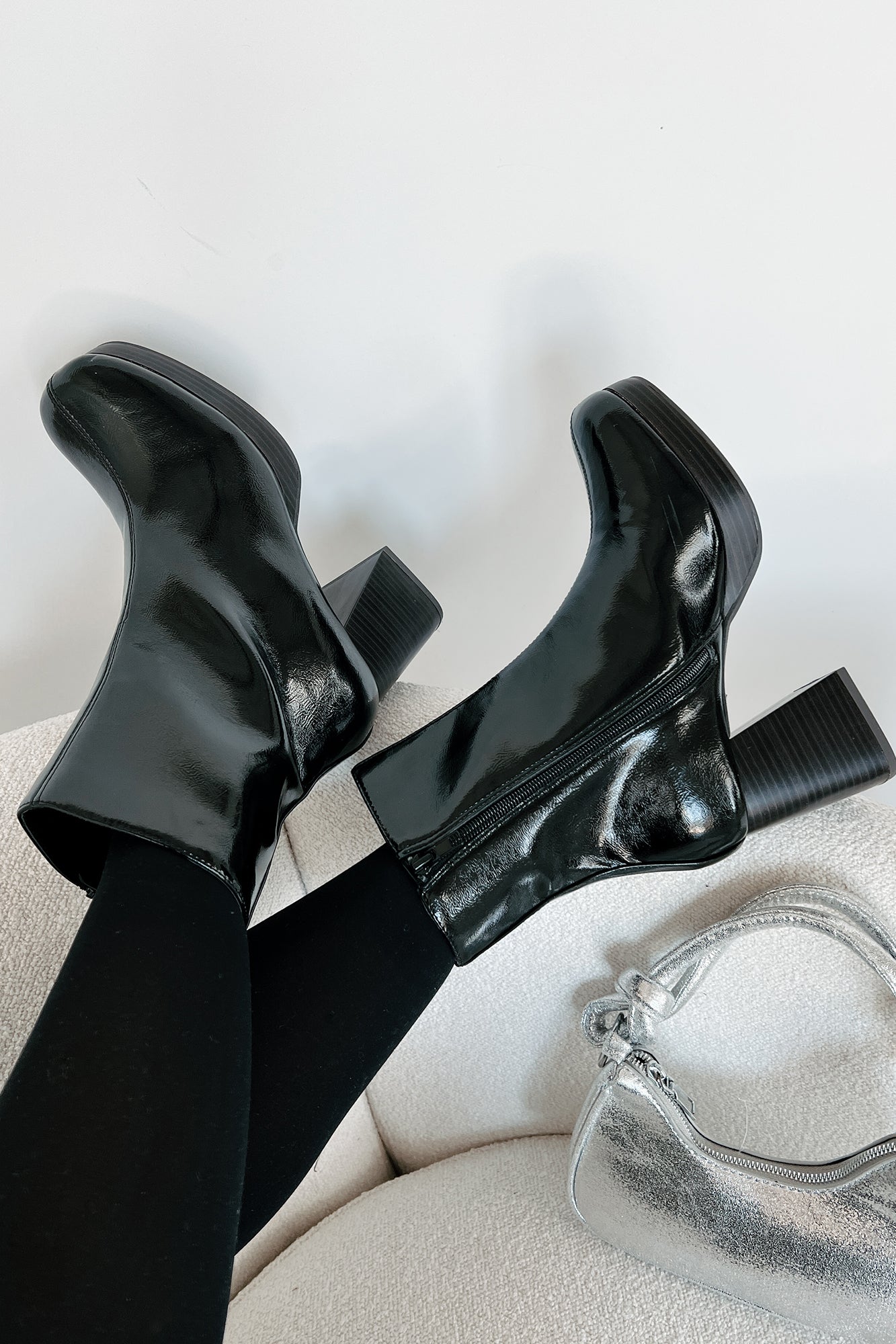 Keep On Grooving Patent Leather Platform Booties (Black/Dark Brown)