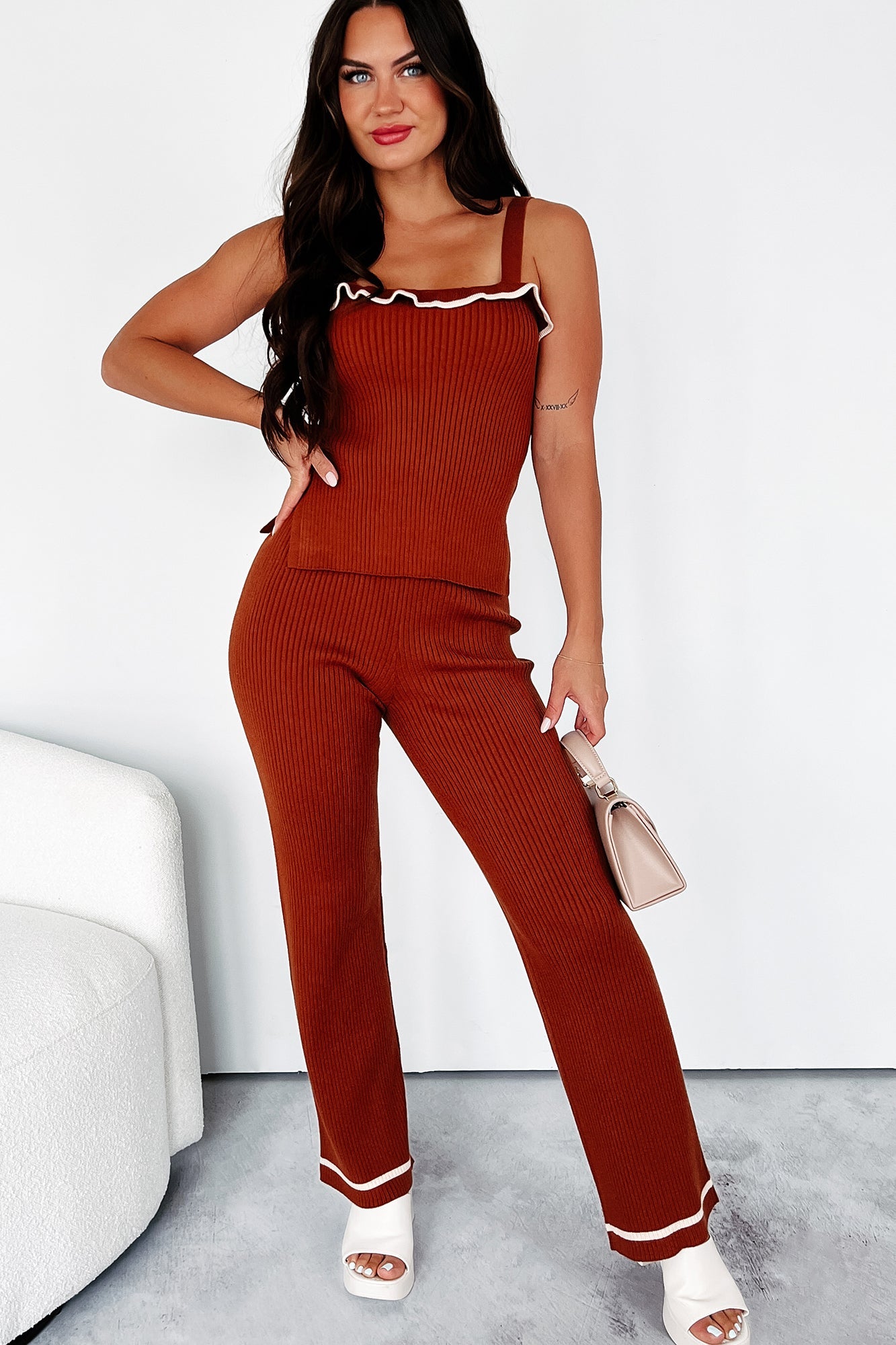 Crisp Leaves Ribbed Knit Tank Top (Rust)