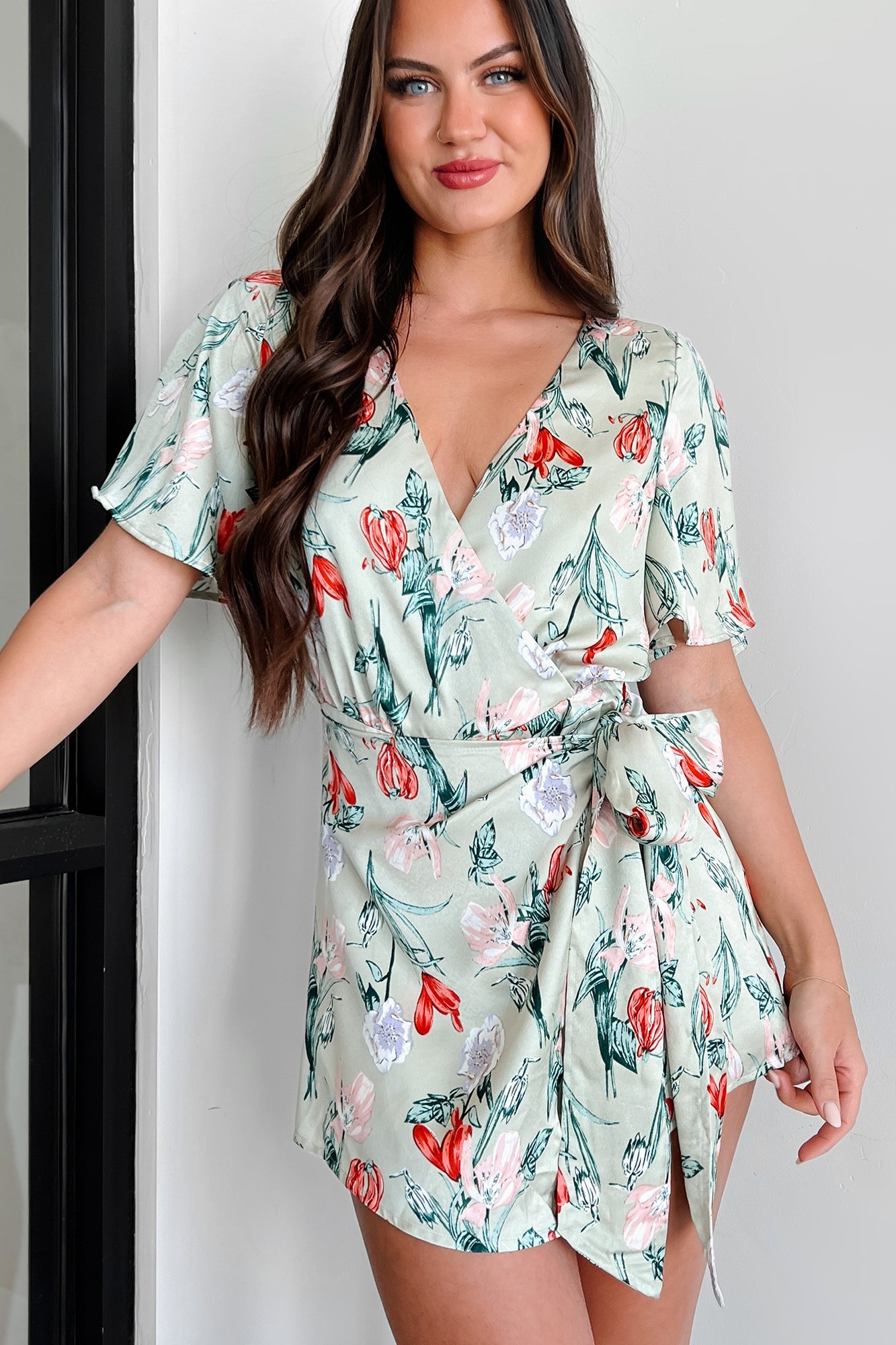 Discovering Paradise Satin Floral Romper (Sage Blue)