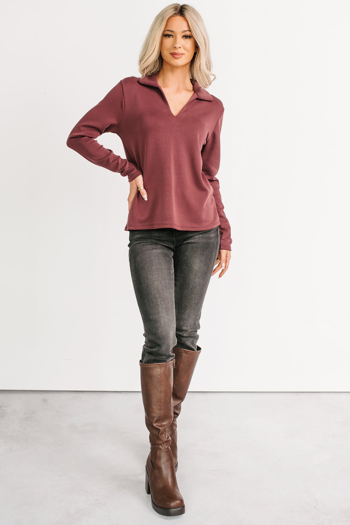 Honest Mood Collared V Neck Long Sleeve Top (Maroon)