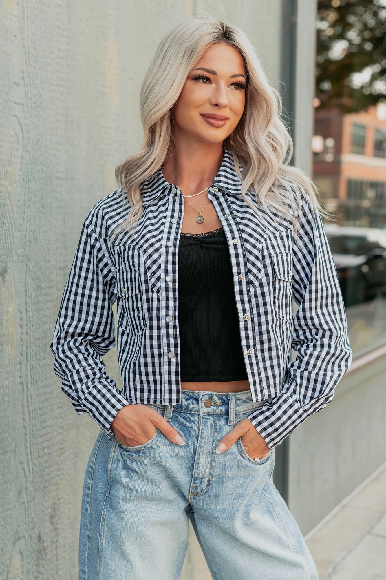 Morning Markets Signature 8 Gingham Crop Shirt (Black)