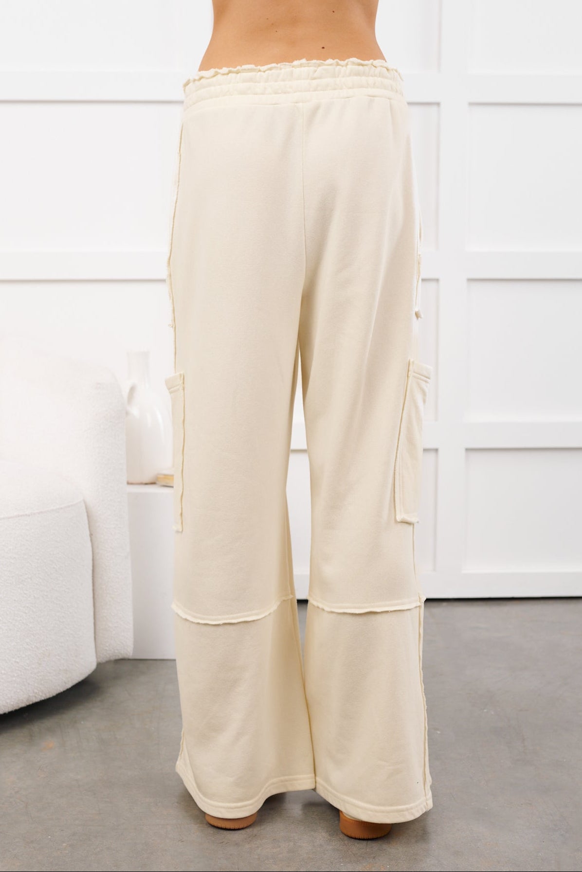 Mellow Hours Cargo Wide Leg Lounge Pants (Cream)