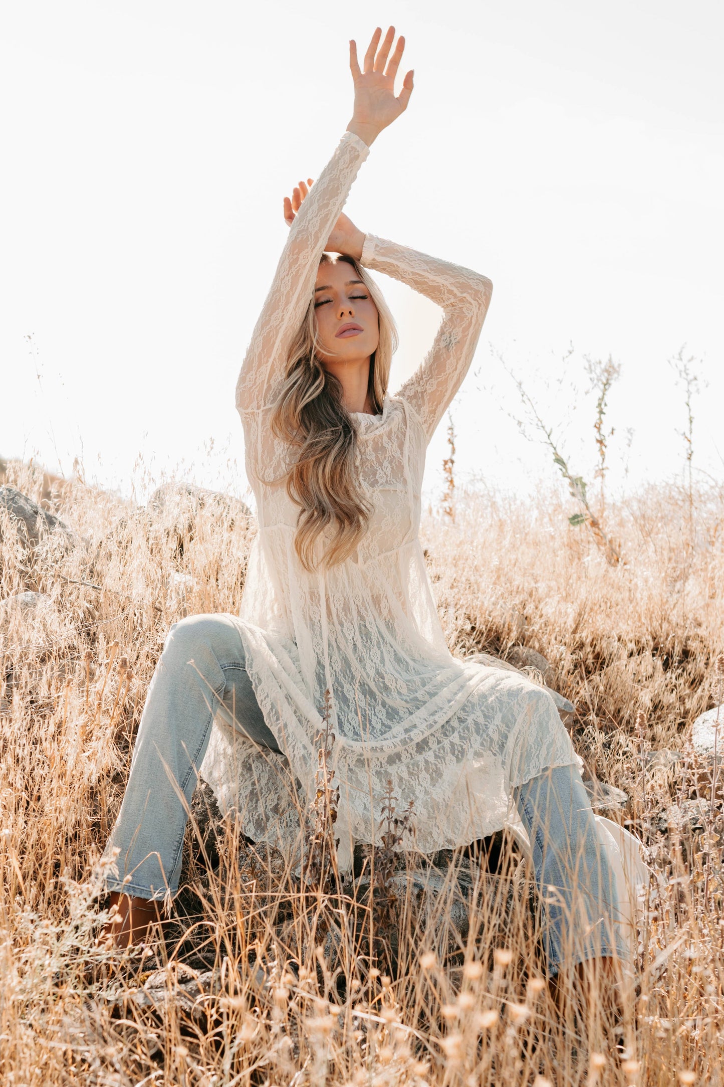 Spirit Dances Sheer Lace Midi Layering Dress (Ecru)