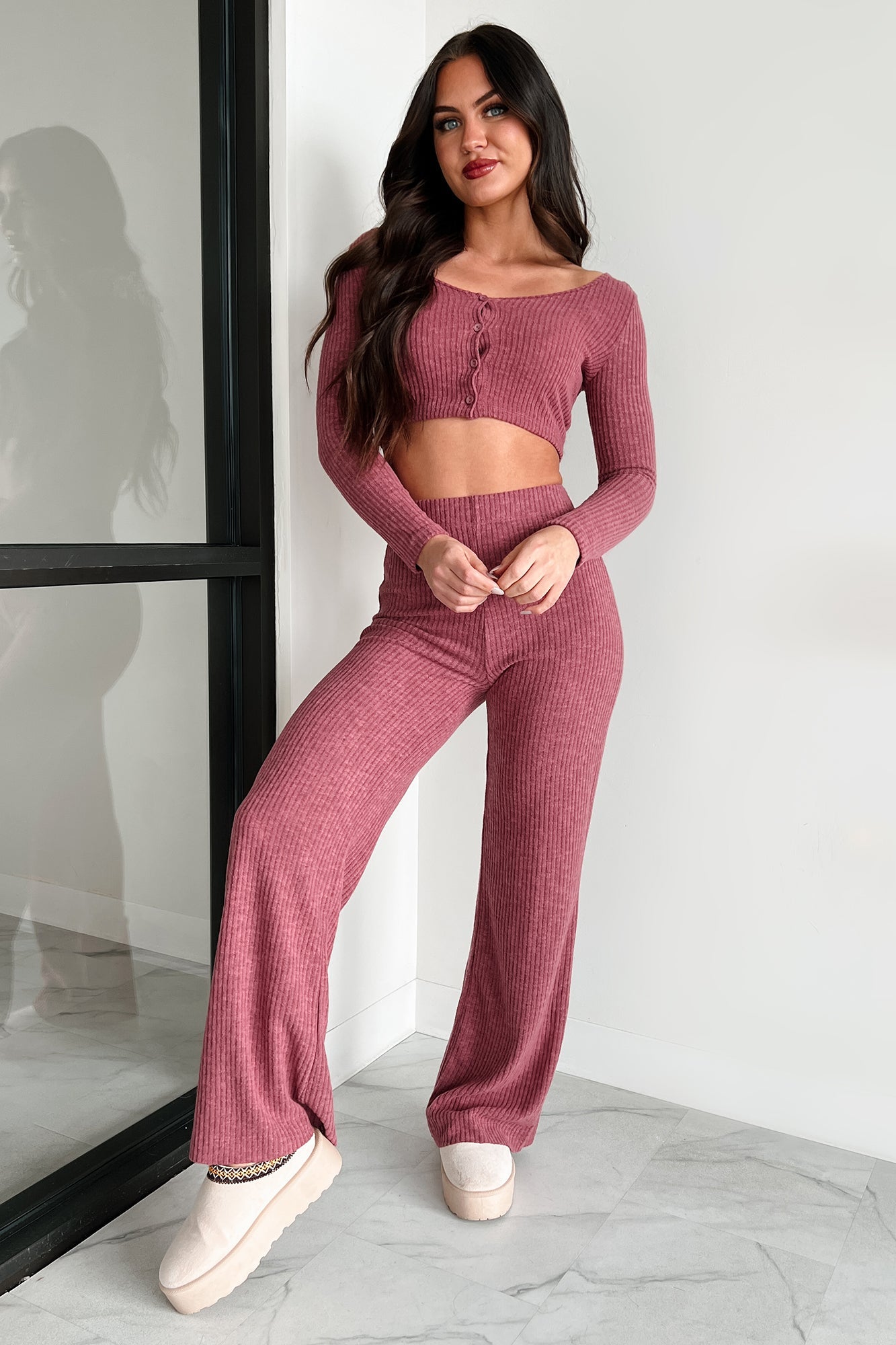 Ive Got My Eye On You Ribbed Long Sleeve Button Down Set (Soft Mulberry)