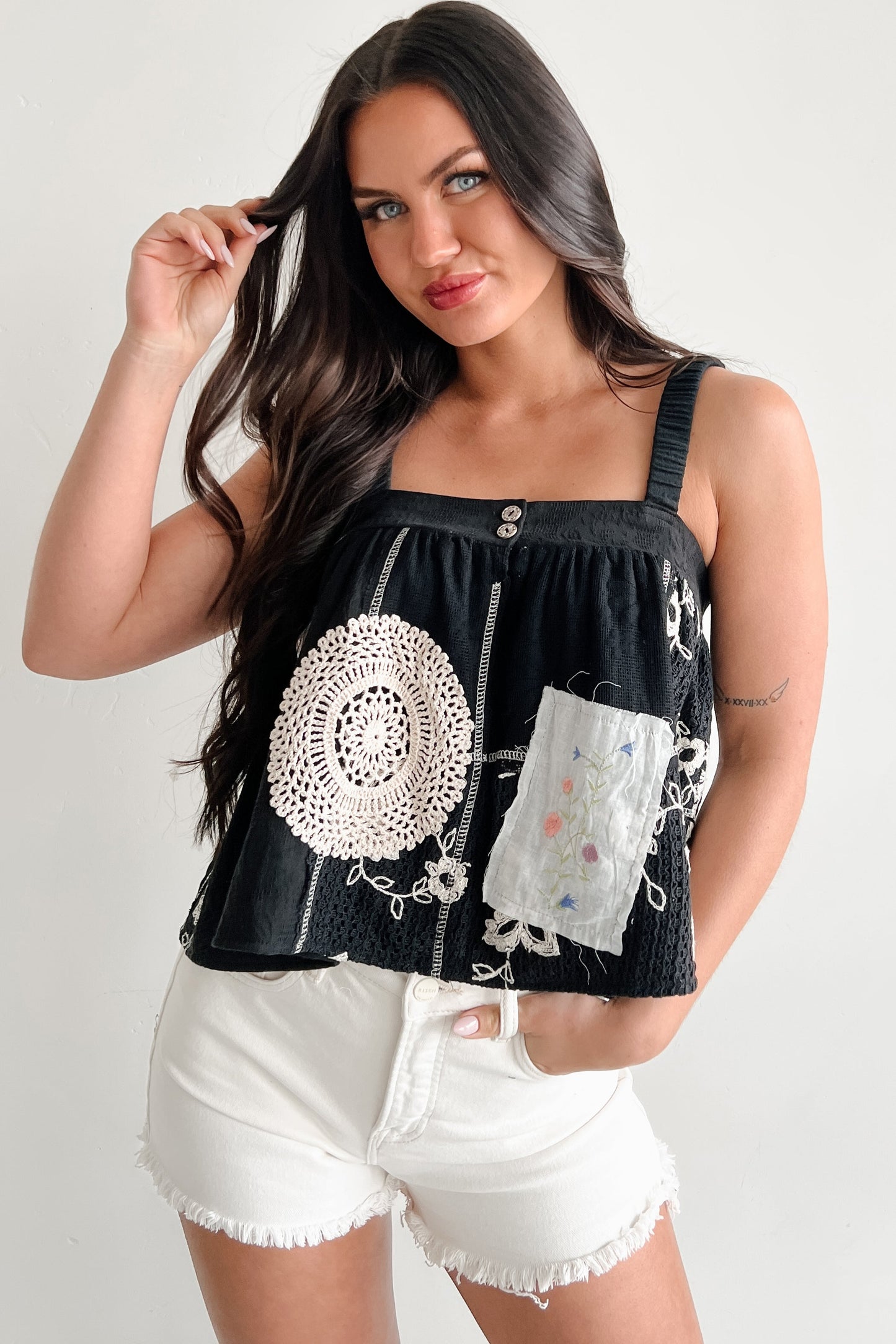 Trendsetter POL Crochet Patchwork Sleeveless Top (Black)