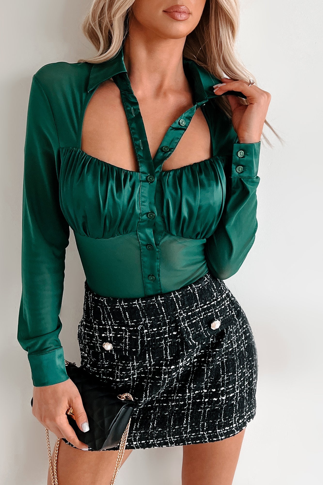 Corporate Hottie Satin Mesh Long Sleeve Bodysuit (Hunter)