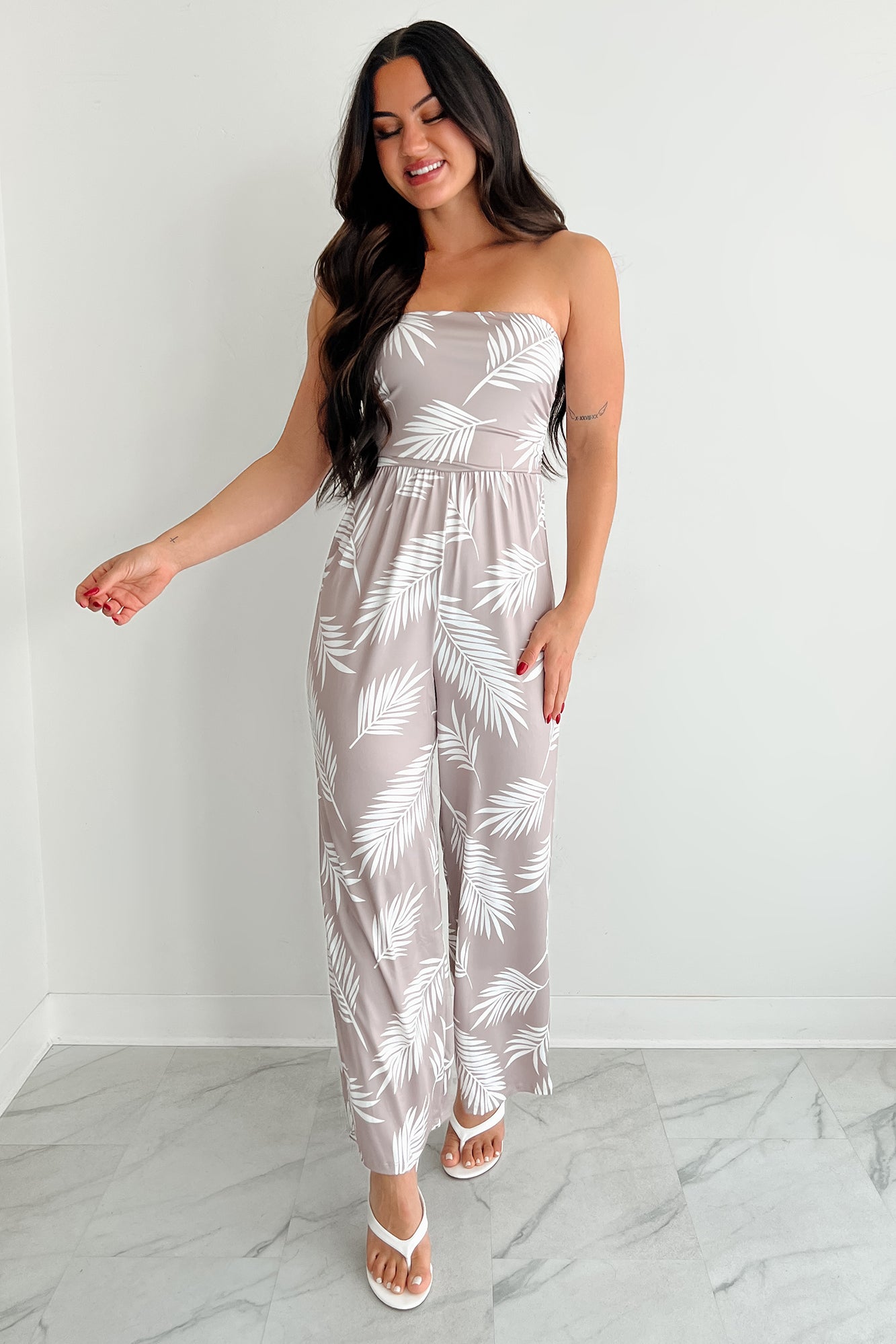 Palm Plans Strapless Leaf Print Jumpsuit (Taupe)