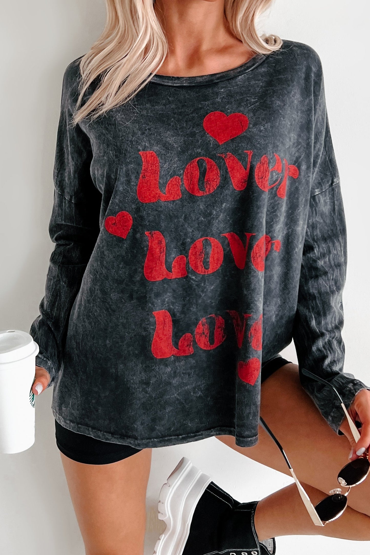 Be My "Lover" Acid Wash Graphic Top (Charcoal)