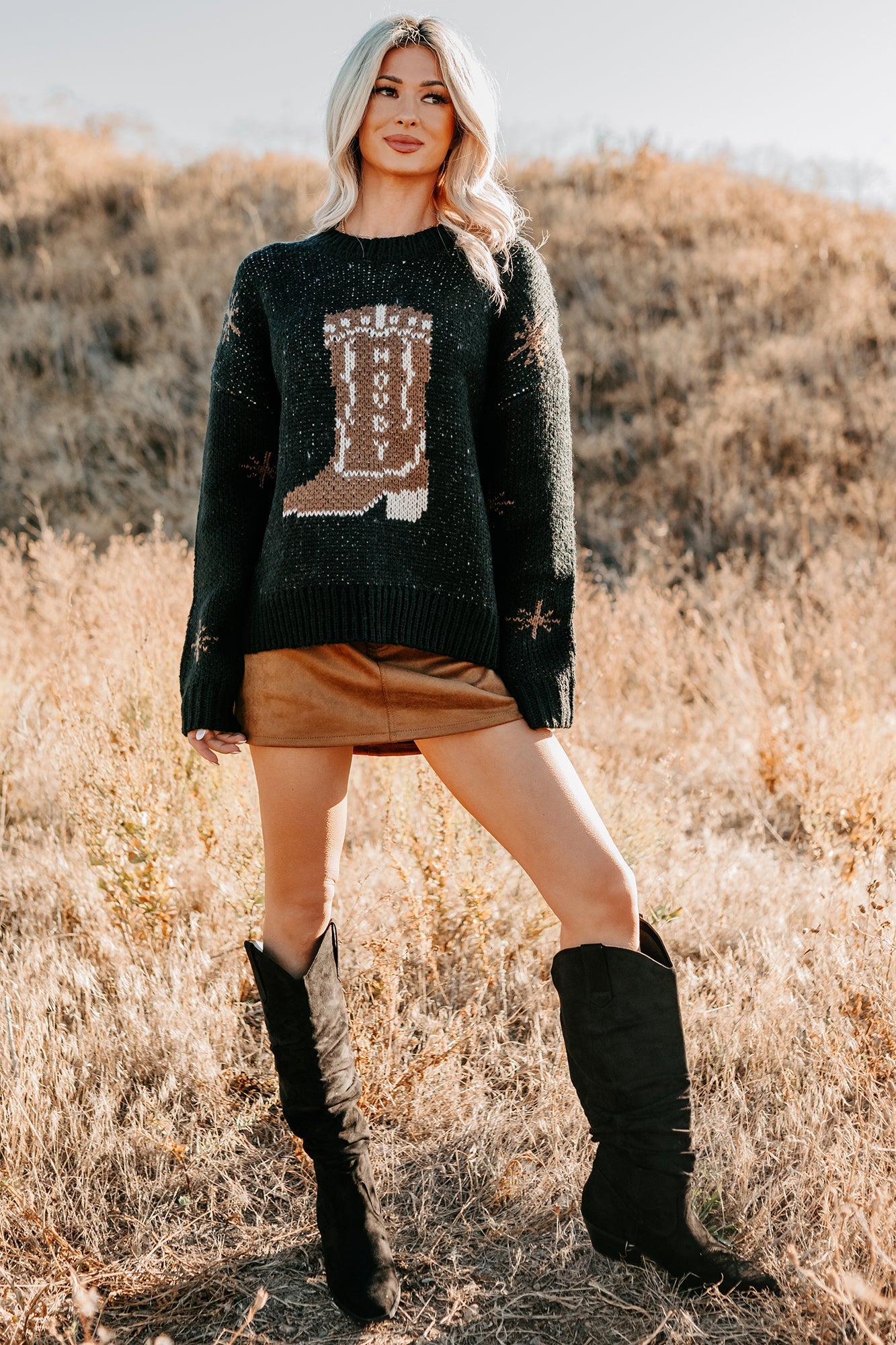 Raised On Rodeo Cowboy Boot Knit Sweater (Black)