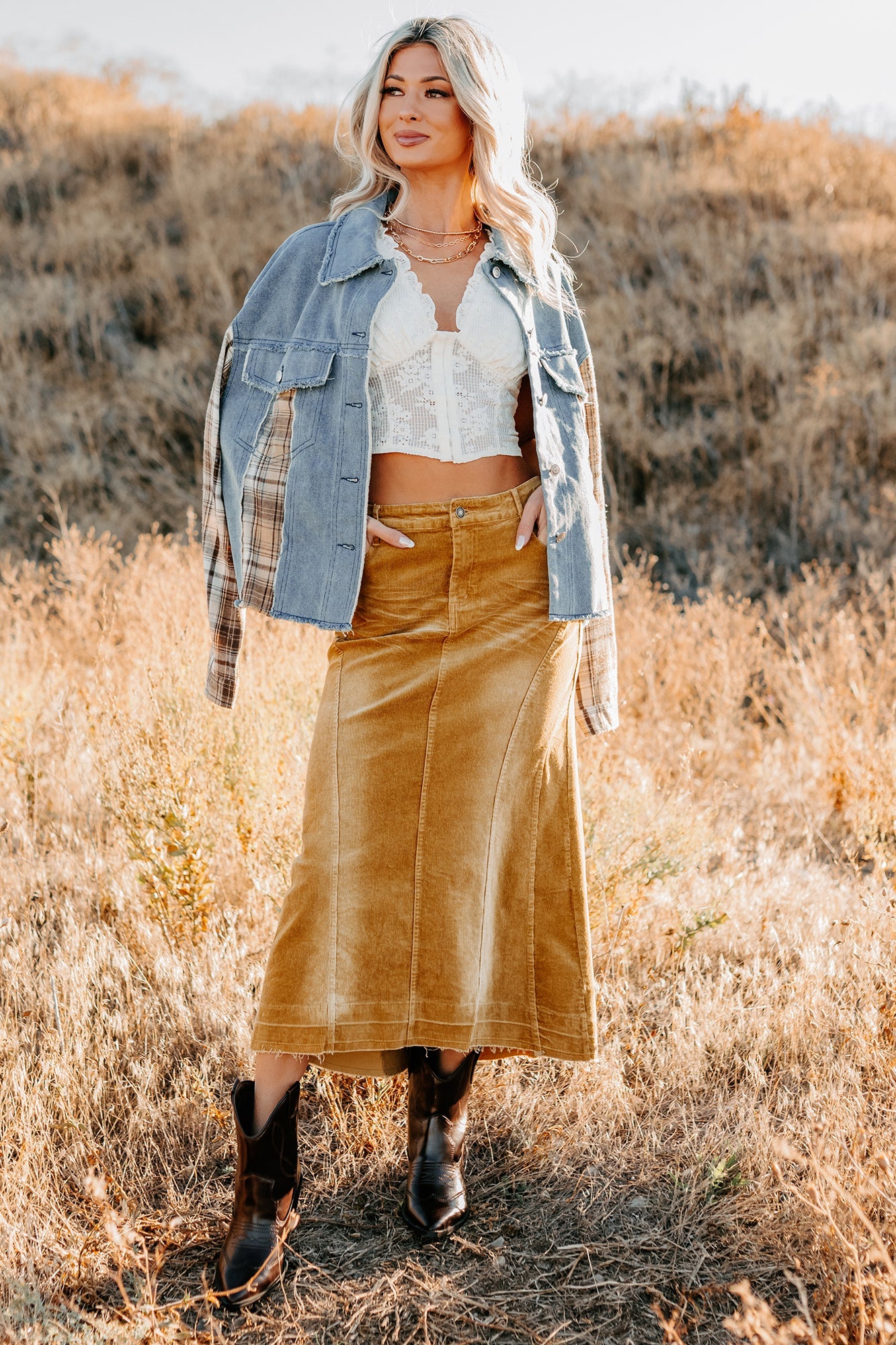 Daily Mode Plaid Denim Mix Jacket (Taupe Blend)