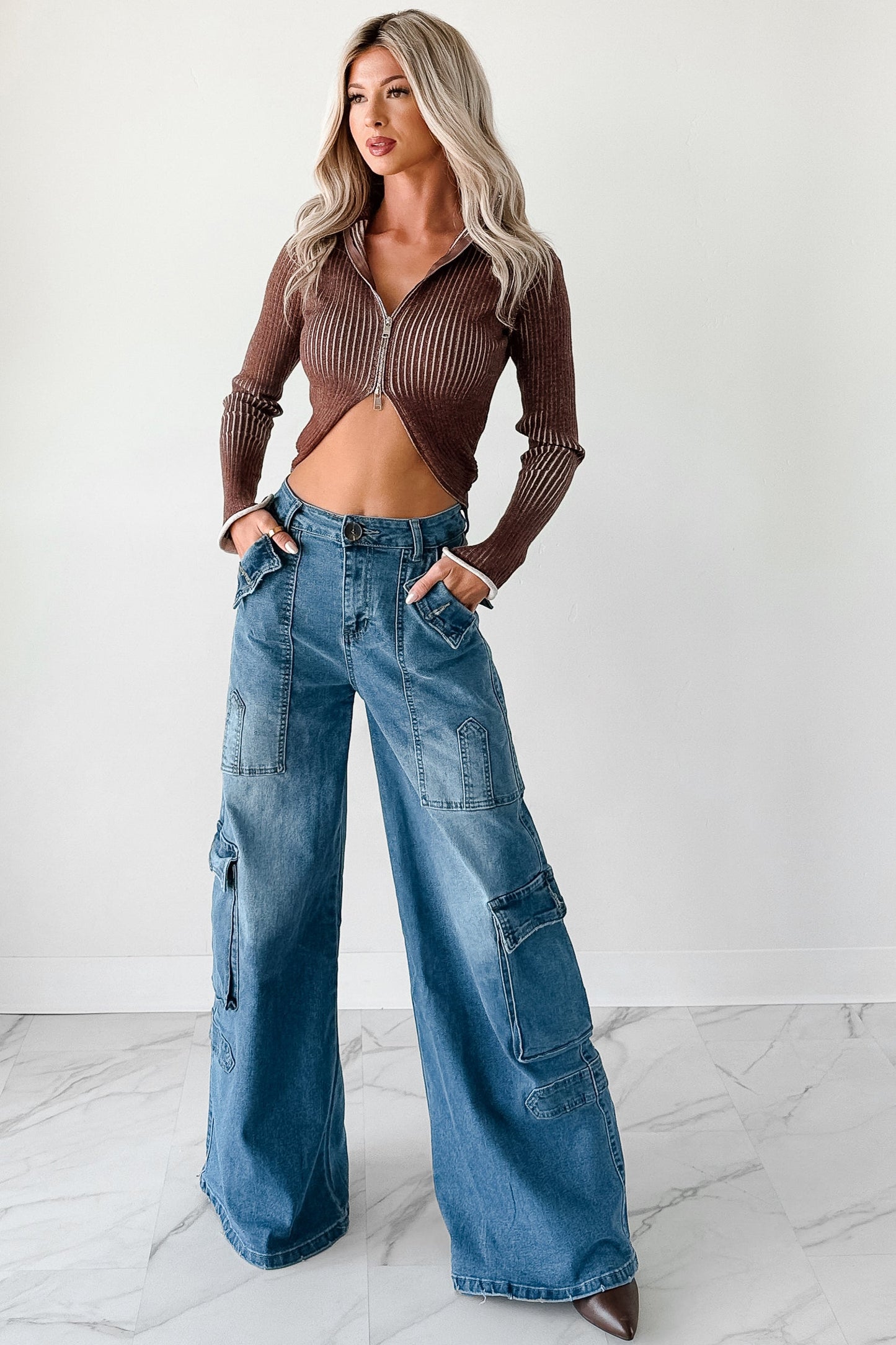 Dreamboat Babe Ribbed Zip-Up Top (Brown)
