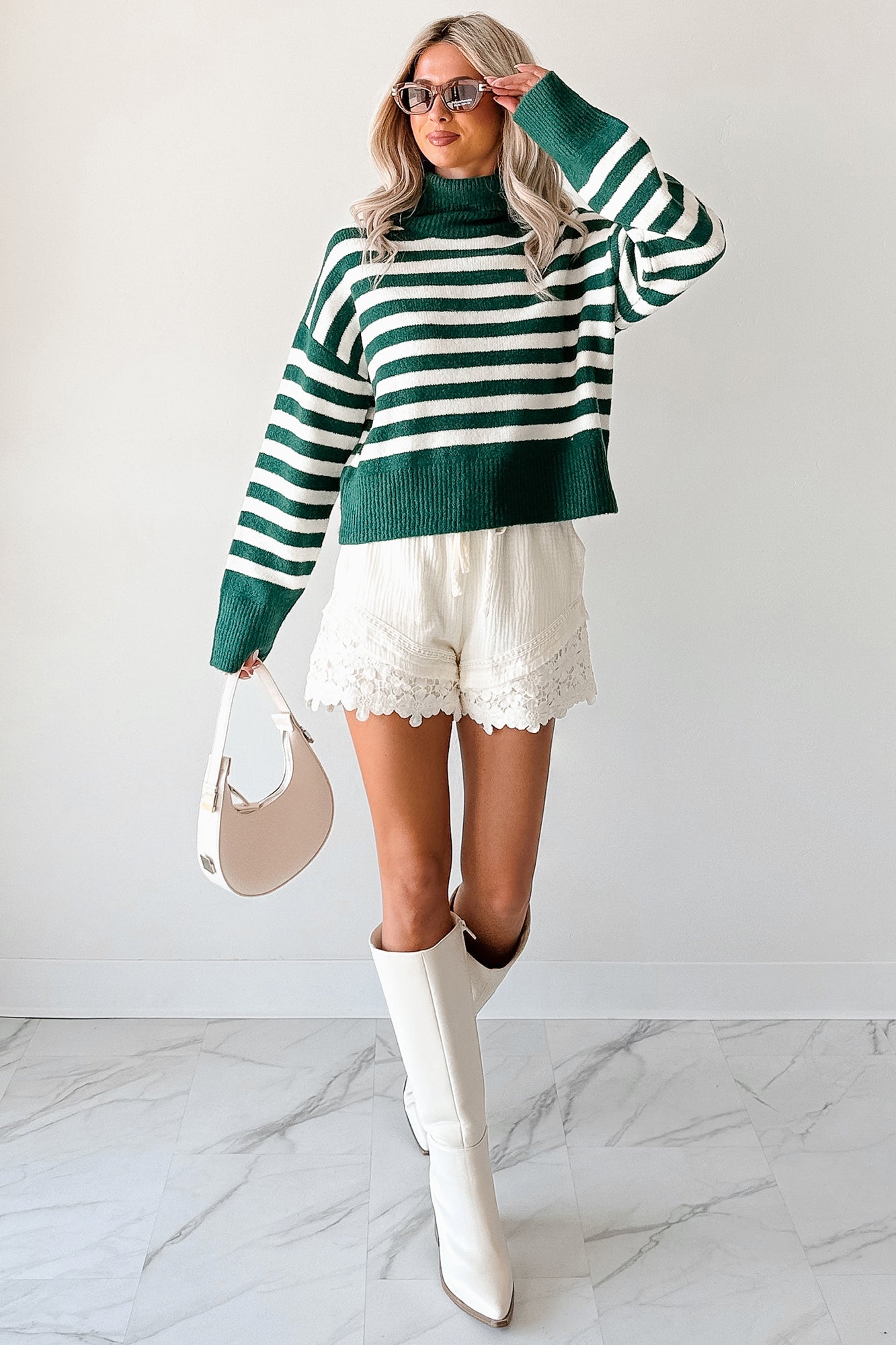Don't You Worry Striped Turtleneck Sweater (Green/Ivory)