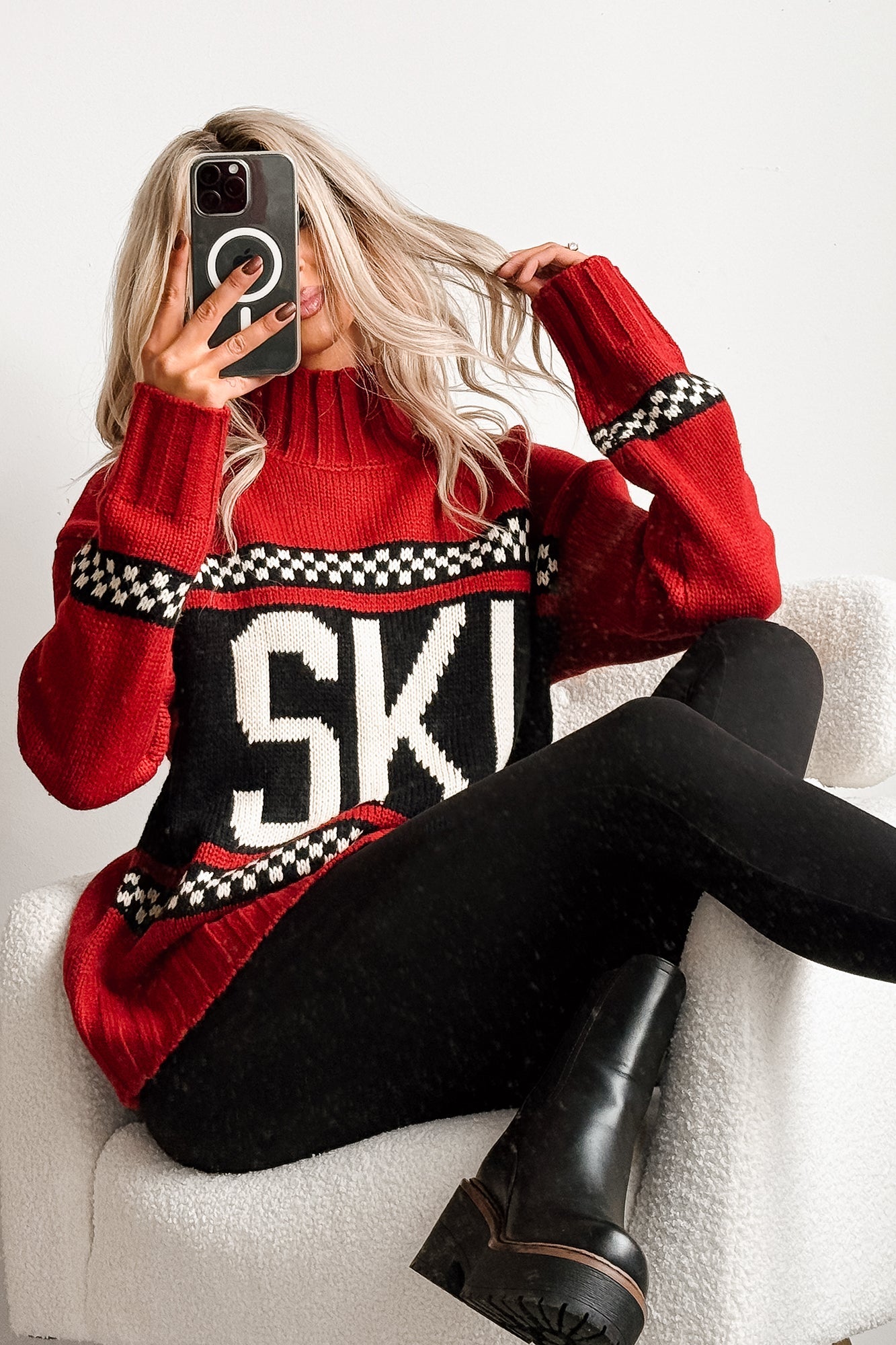 Ski You Later Graphic Mock Neck Sweater (Red)