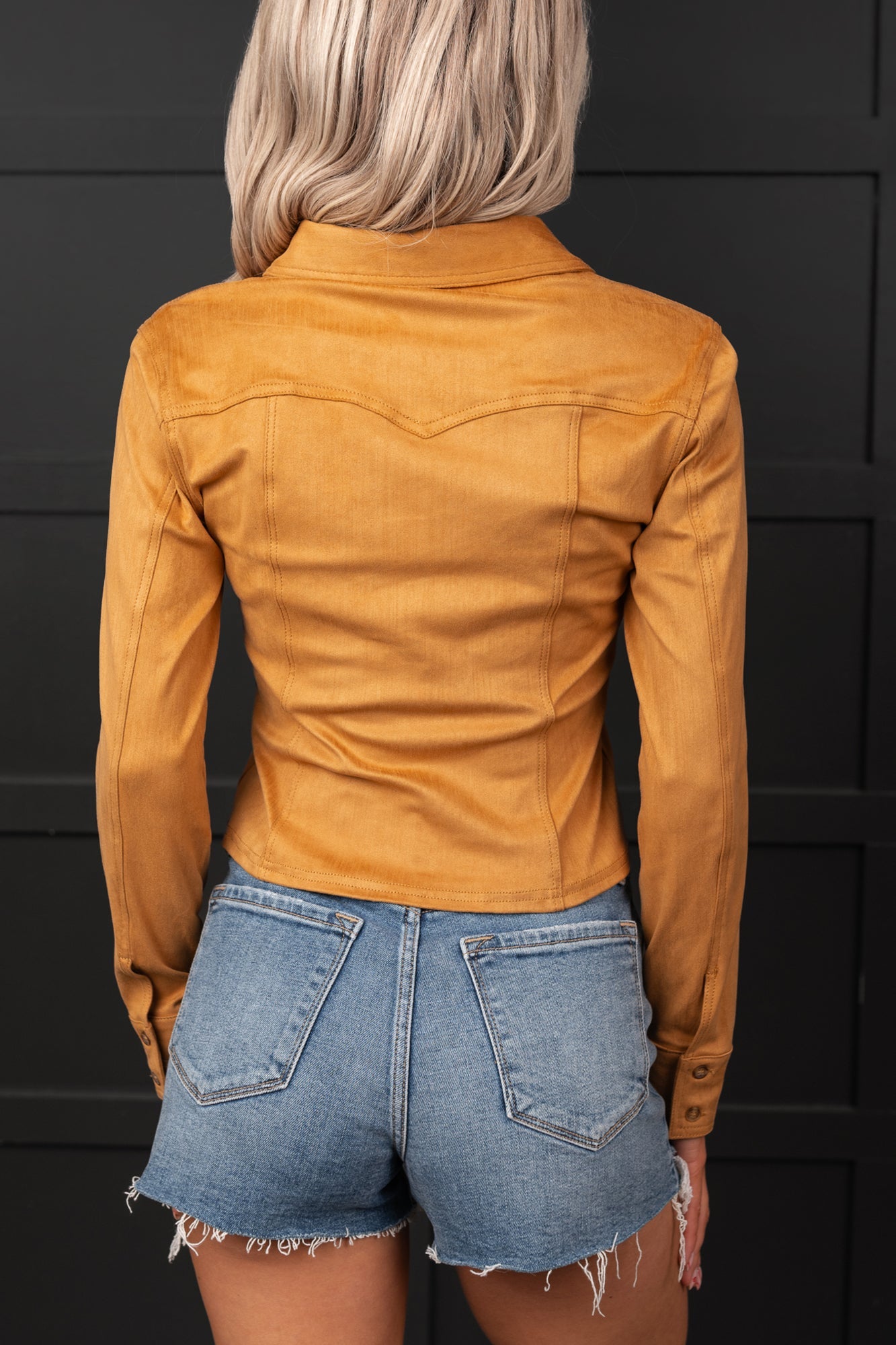 Hillbilly Honey Faux Suede Button-Up Top (Camel)