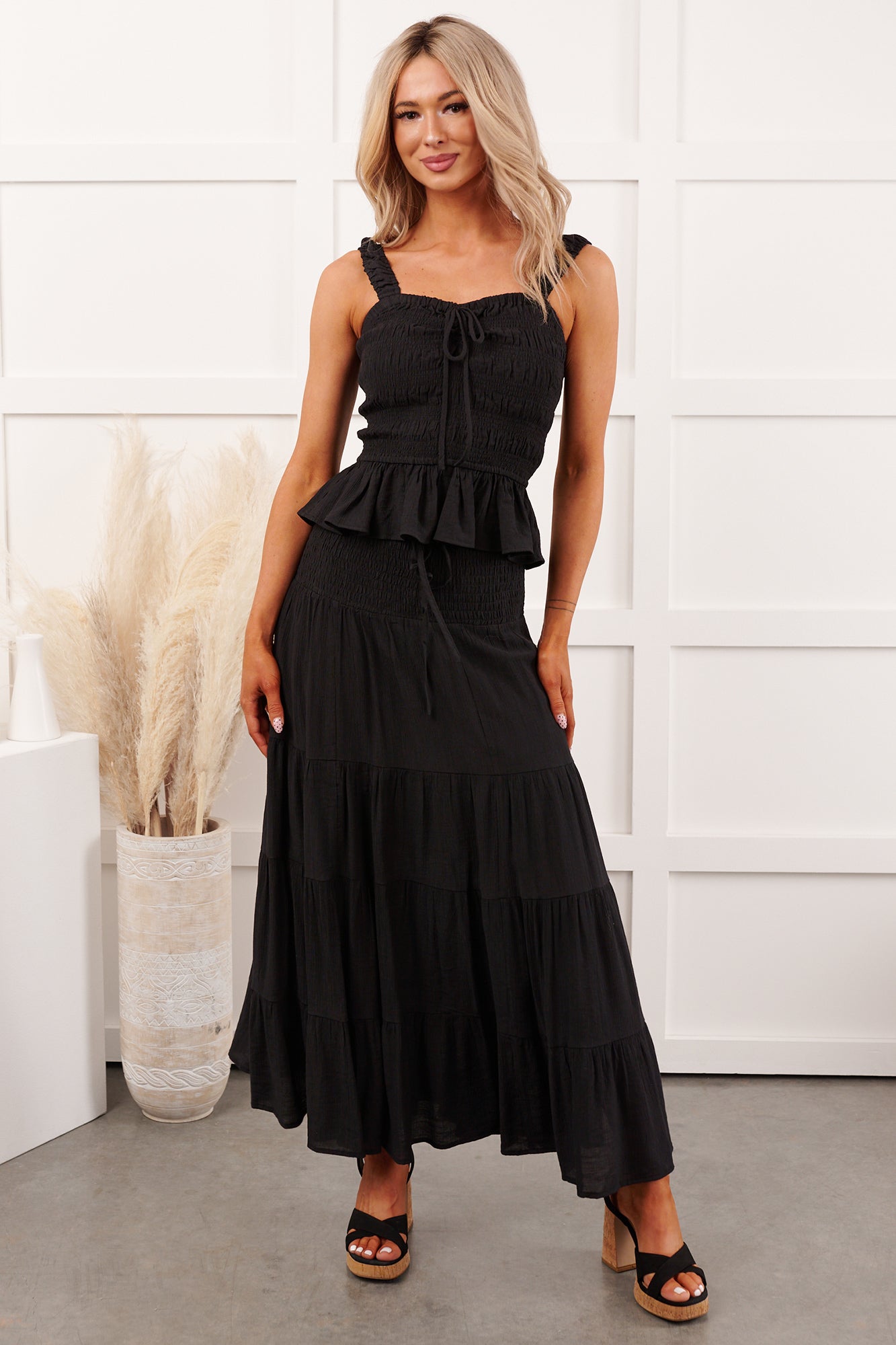 Dancing With Gravity Smocked Peplum Tank Top (Black)