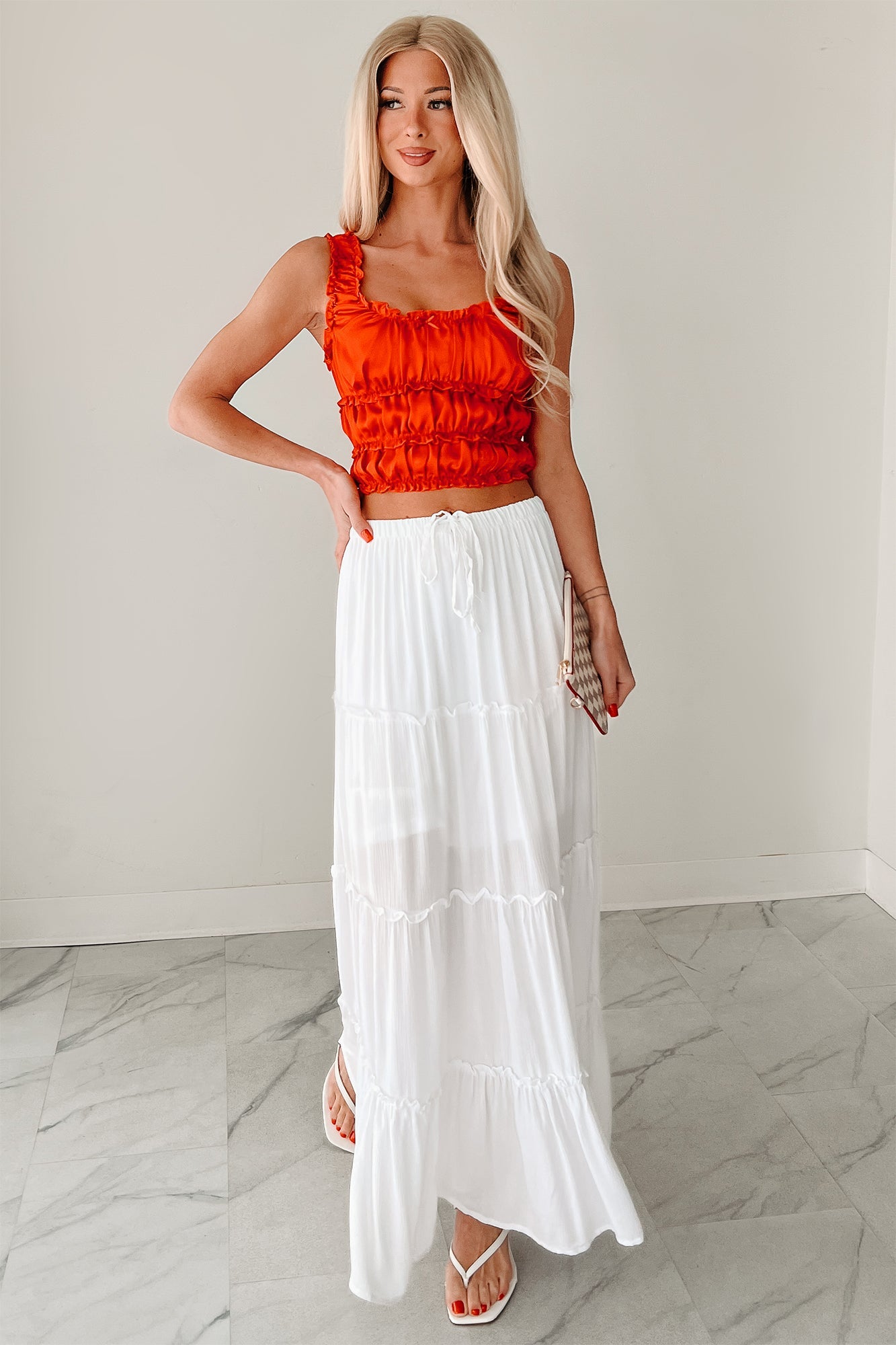 Luxe On Loop Ruched Satin Sleeveless Top (Tomato)
