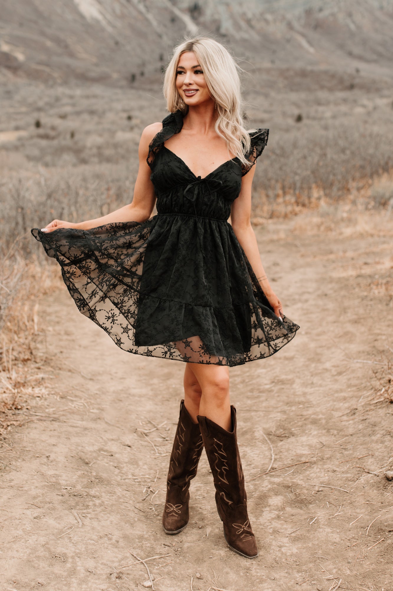 Petals In The Sun Chiffon Embroidered Mini Dress (Black)