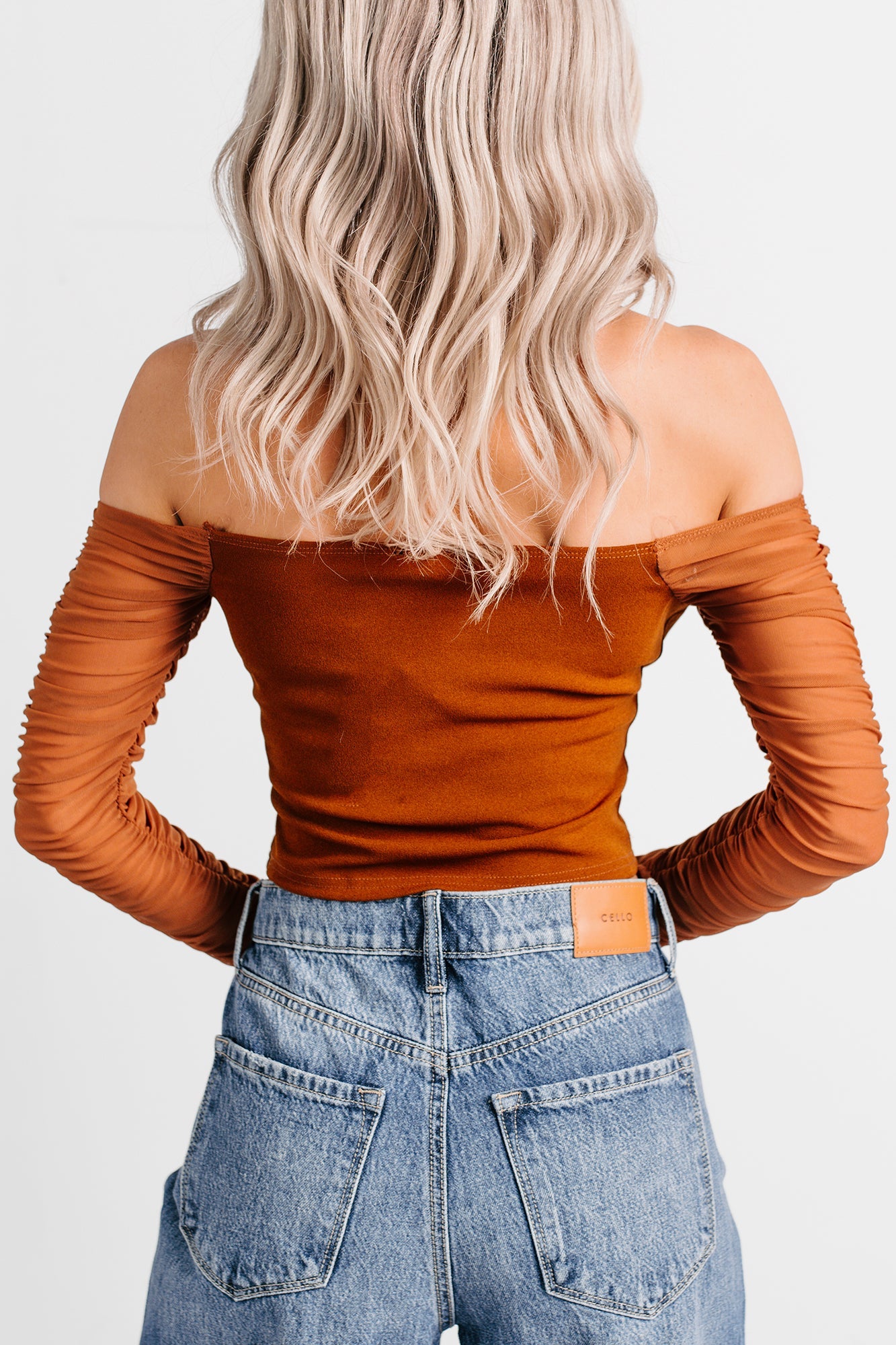 Her Reign Mesh Off The Shoulder Crop Top (Cappuccino)