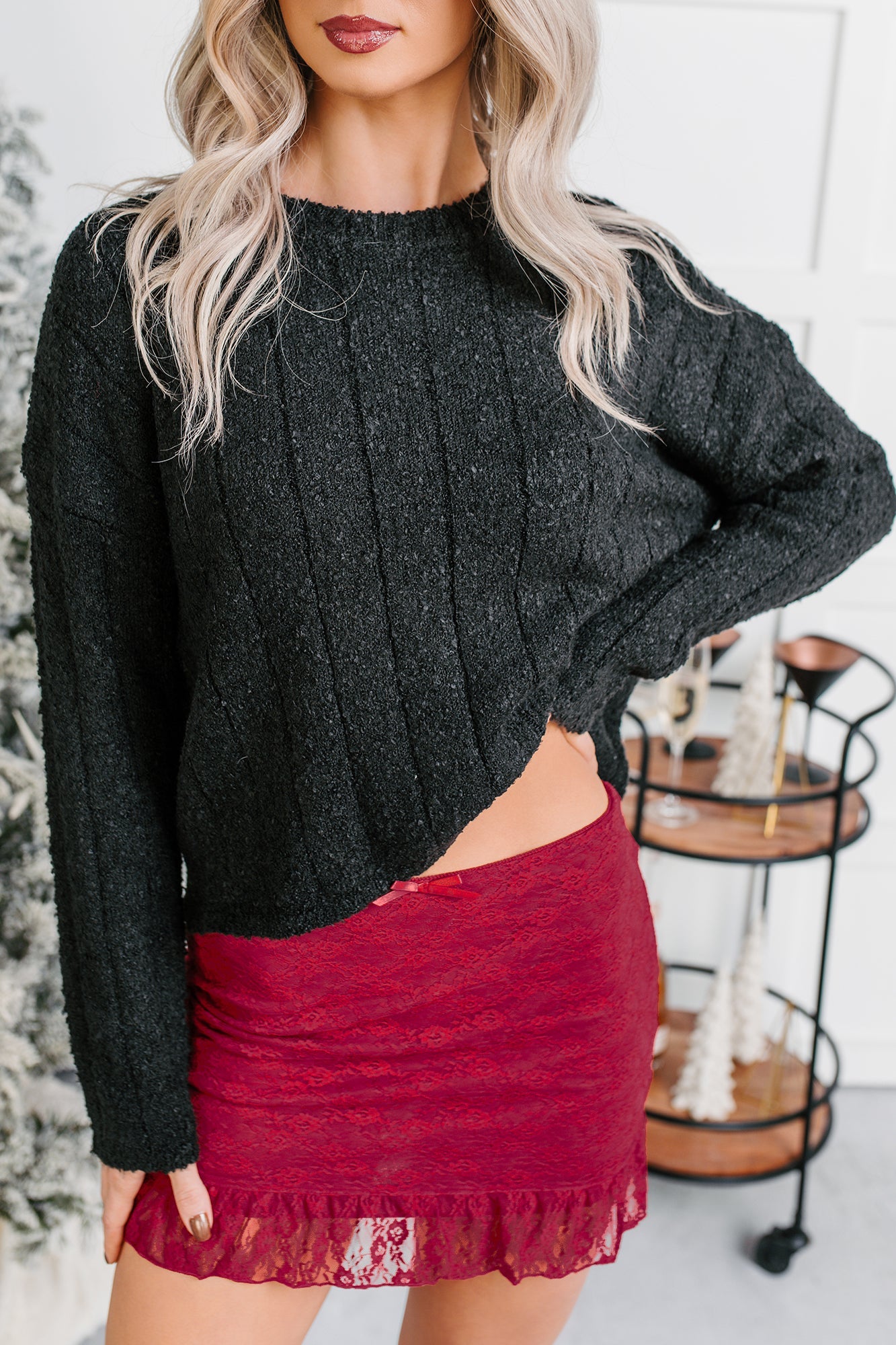 Cozy Intentions Rib Texture Crew Neck Sweater (Black)