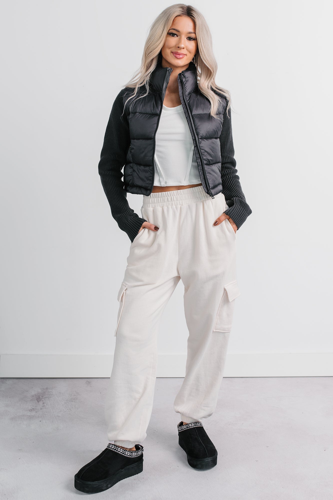 Practicing Patience Fleece Cargo Joggers (Ivory)