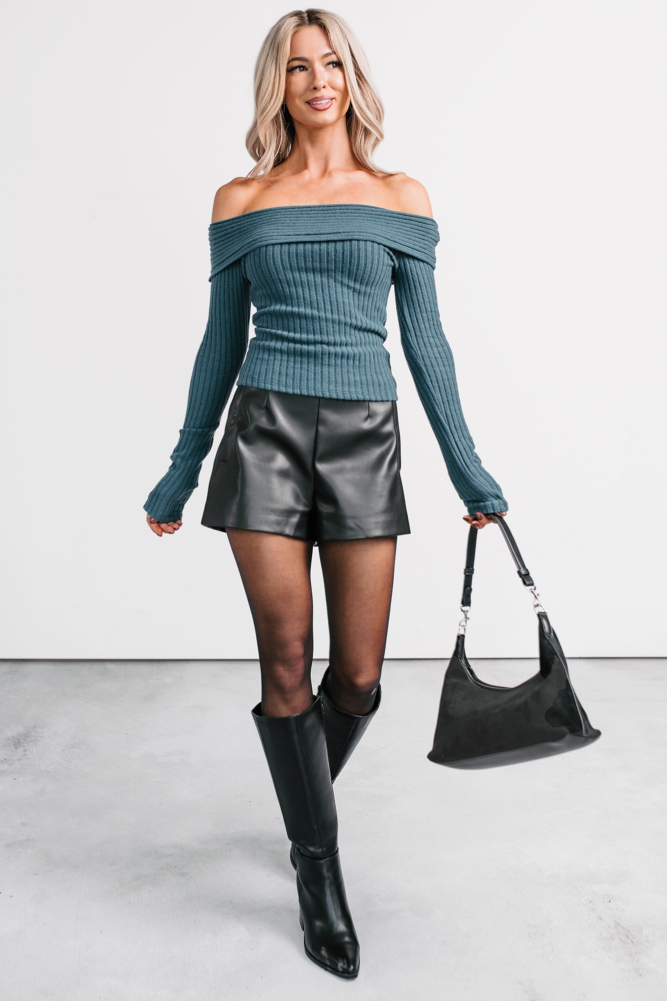 Risk It All Off-The Shoulder Ribbed Top (Sea Moss)