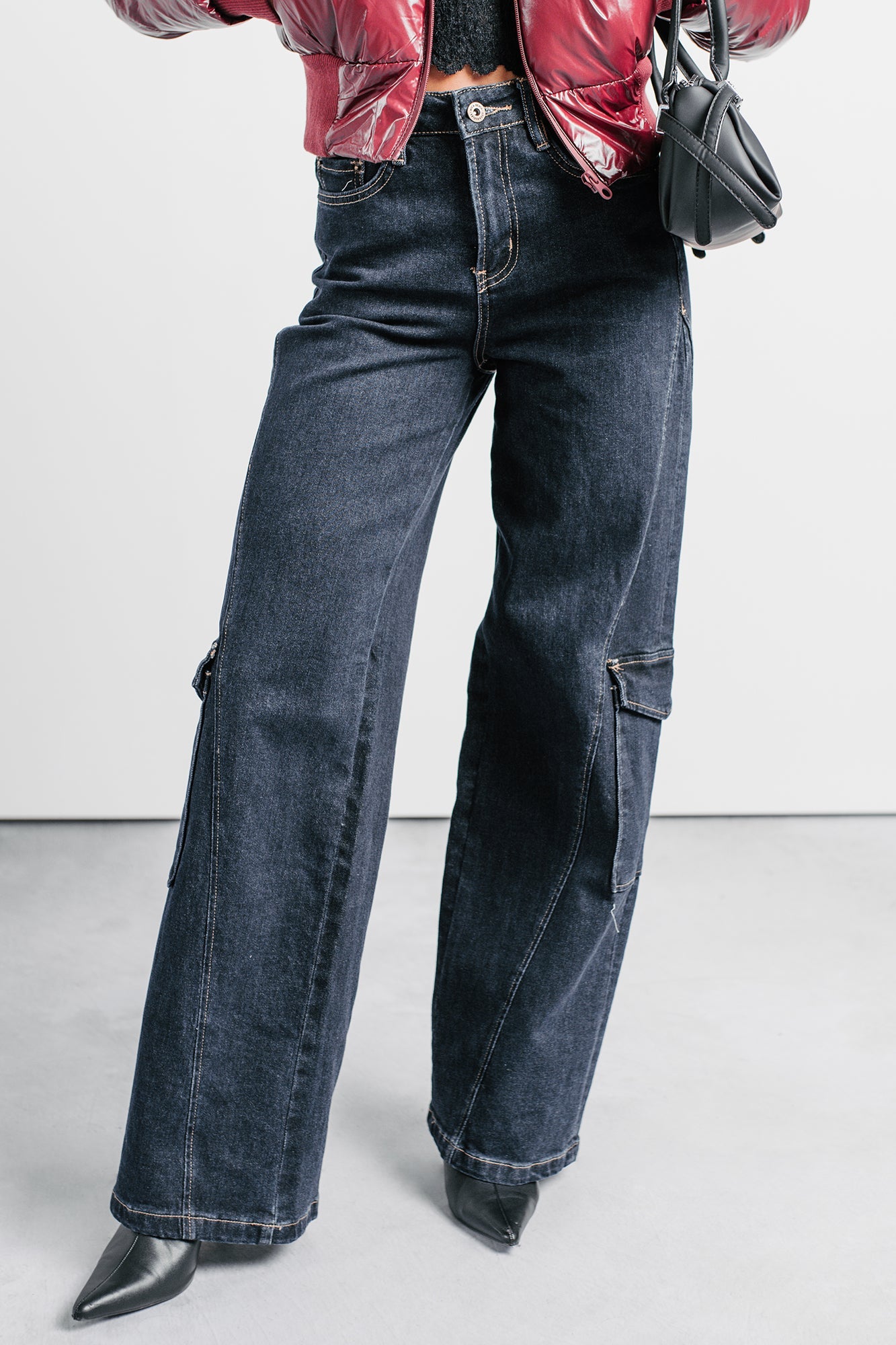 Crosby Wide Leg Mica Denim Cargo Jeans (Dark Wash)