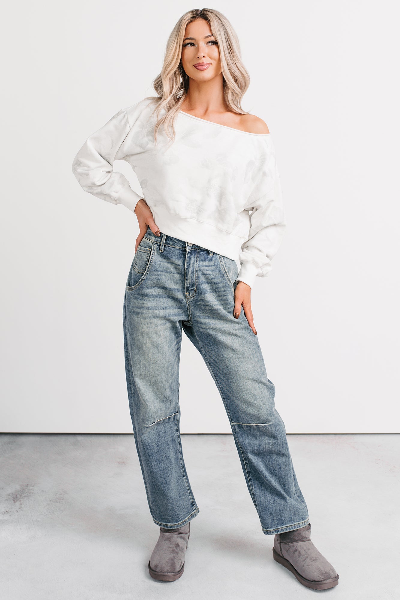 Cozy Nights Abstract Off The Shoulder Sweatshirt (White/Grey)