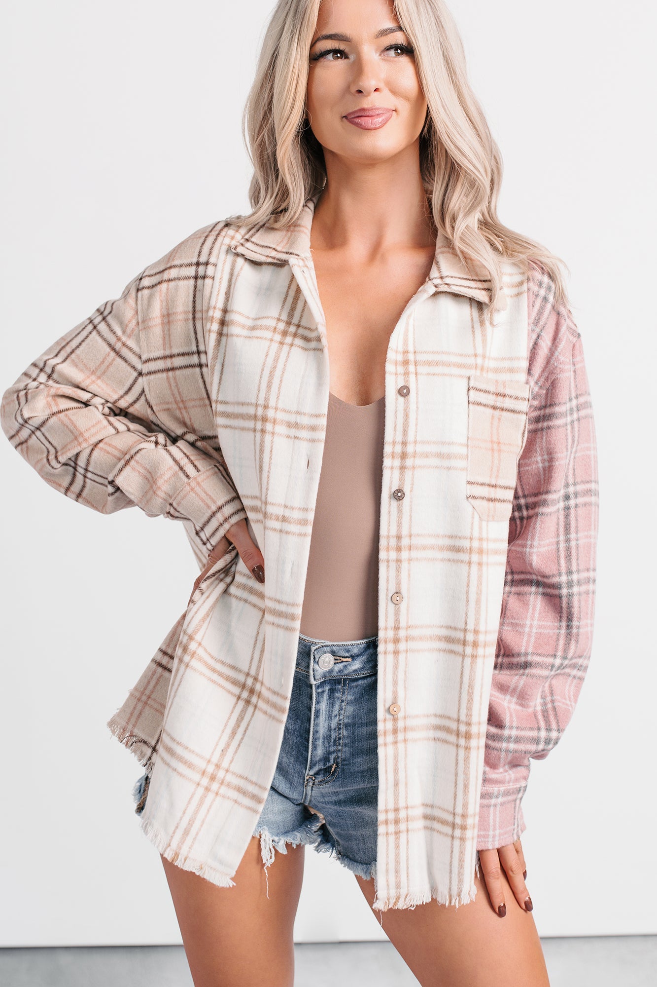 Chill Hour Oversized Mixed Plaid Shacket (Multi/Pink)