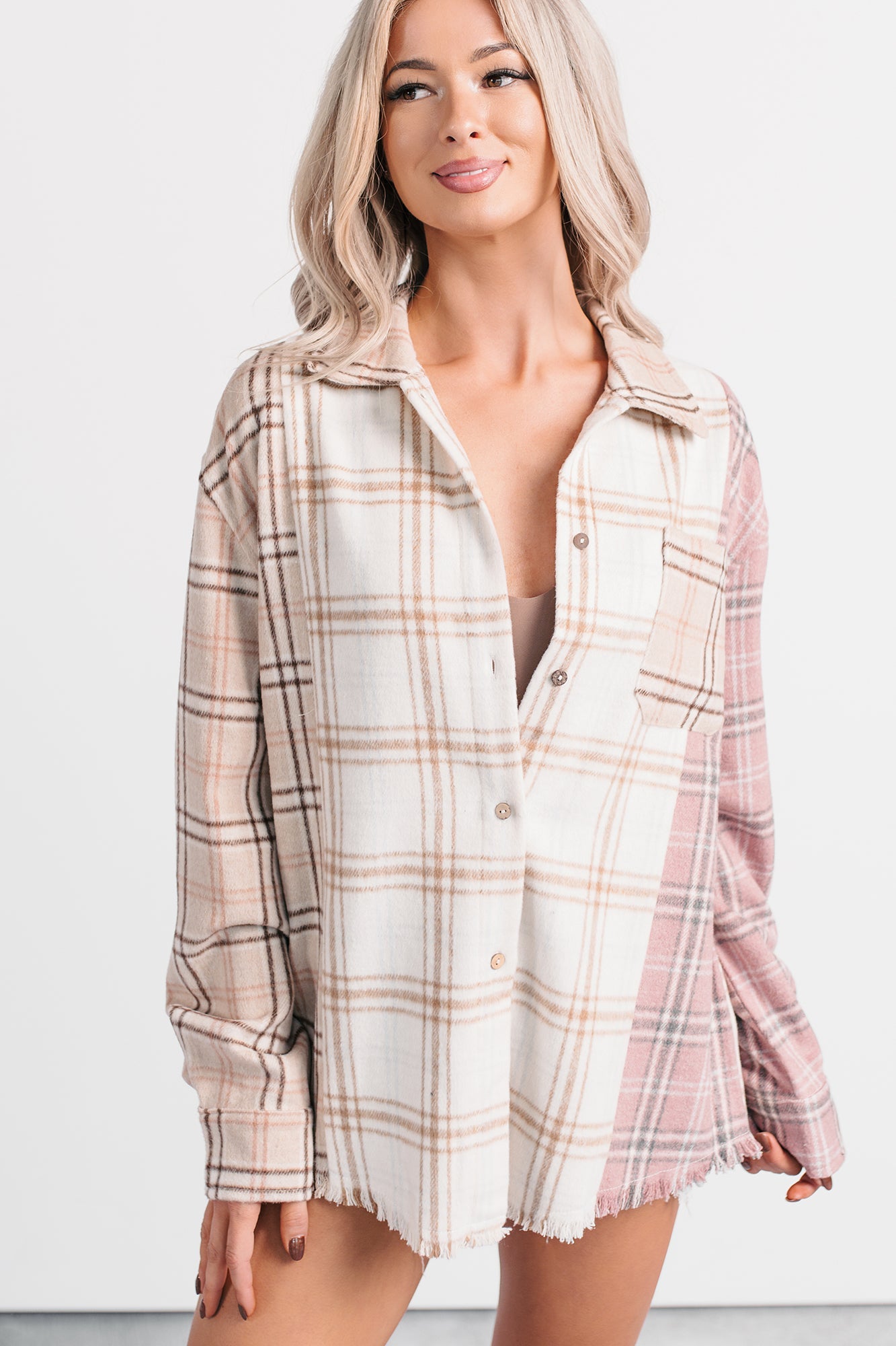 Chill Hour Oversized Mixed Plaid Shacket (Multi/Pink)