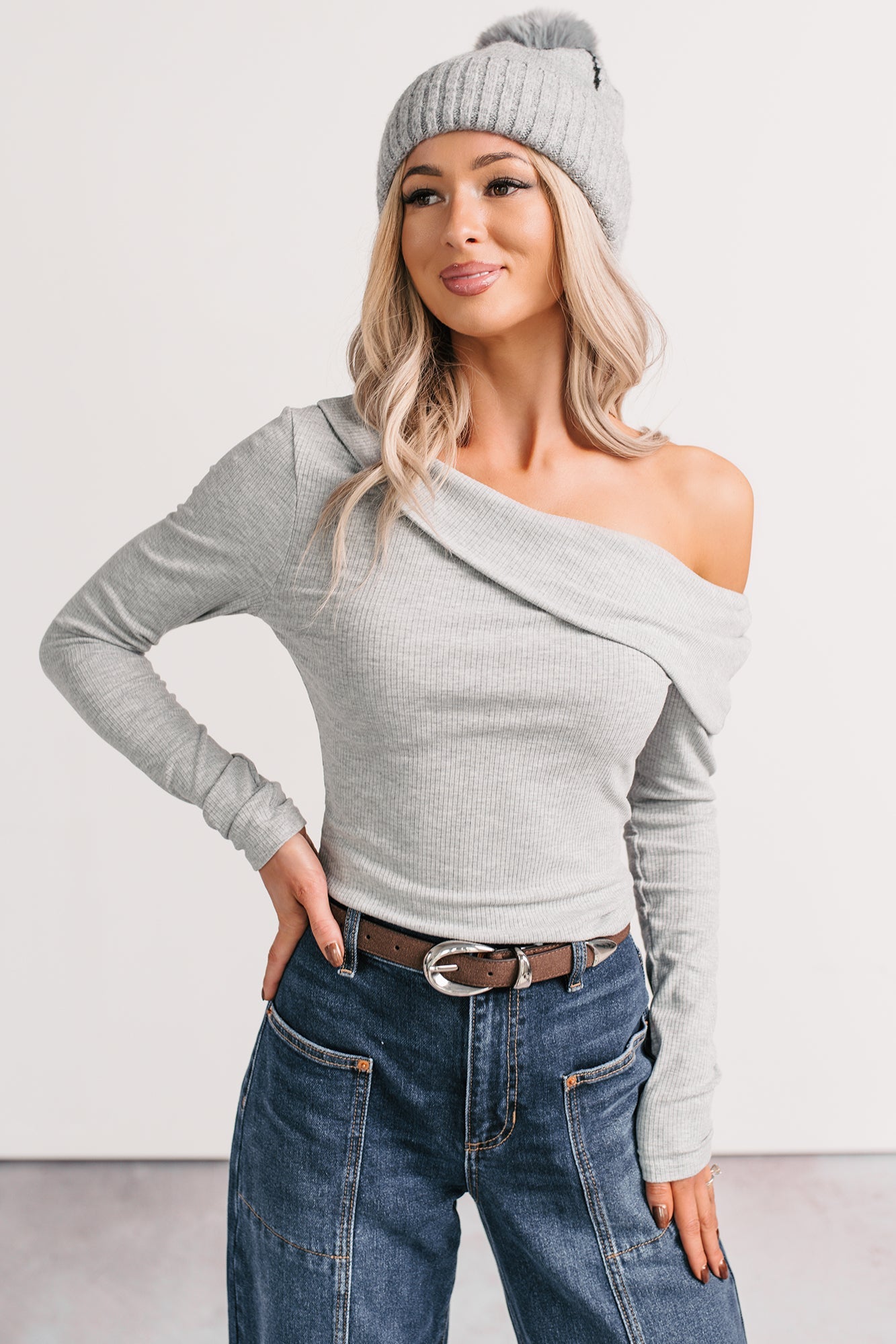 Luxe Basics One Shoulder Ribbed Top (Heather Grey)