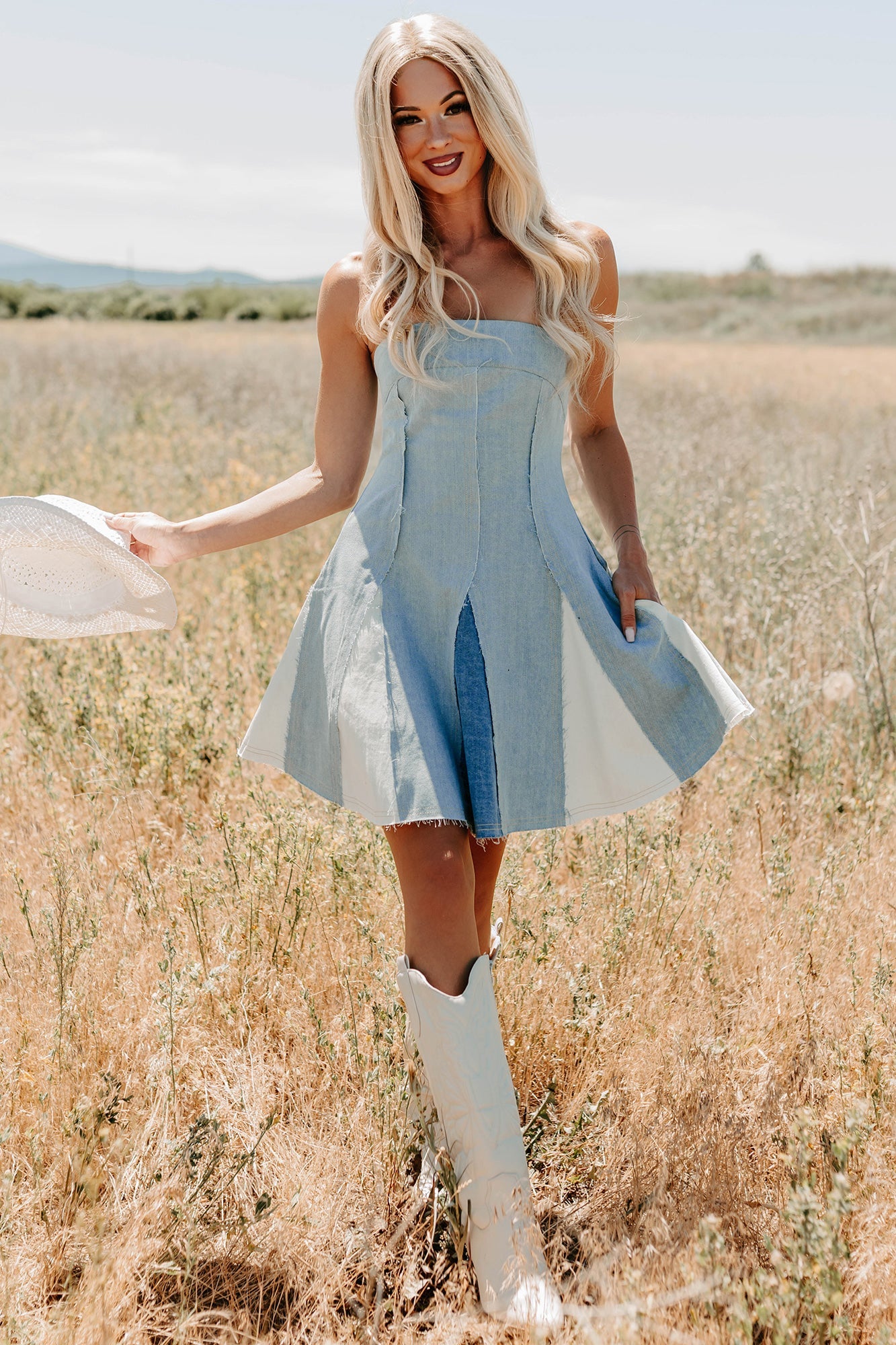 Burning Bright Strapless Contrast Mini Dress (Denim)
