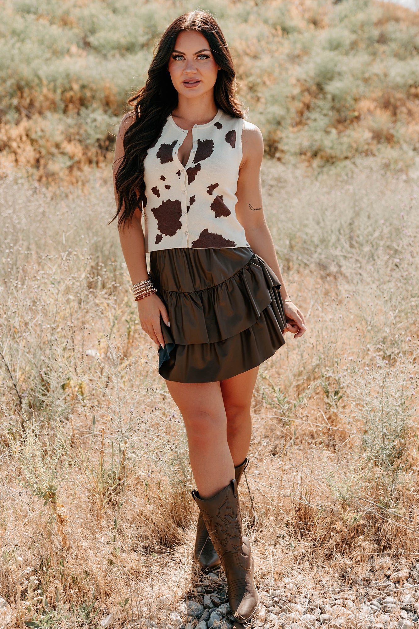 Rodeo Glow Sleeveless Cow Print Top (Beige/Brown)