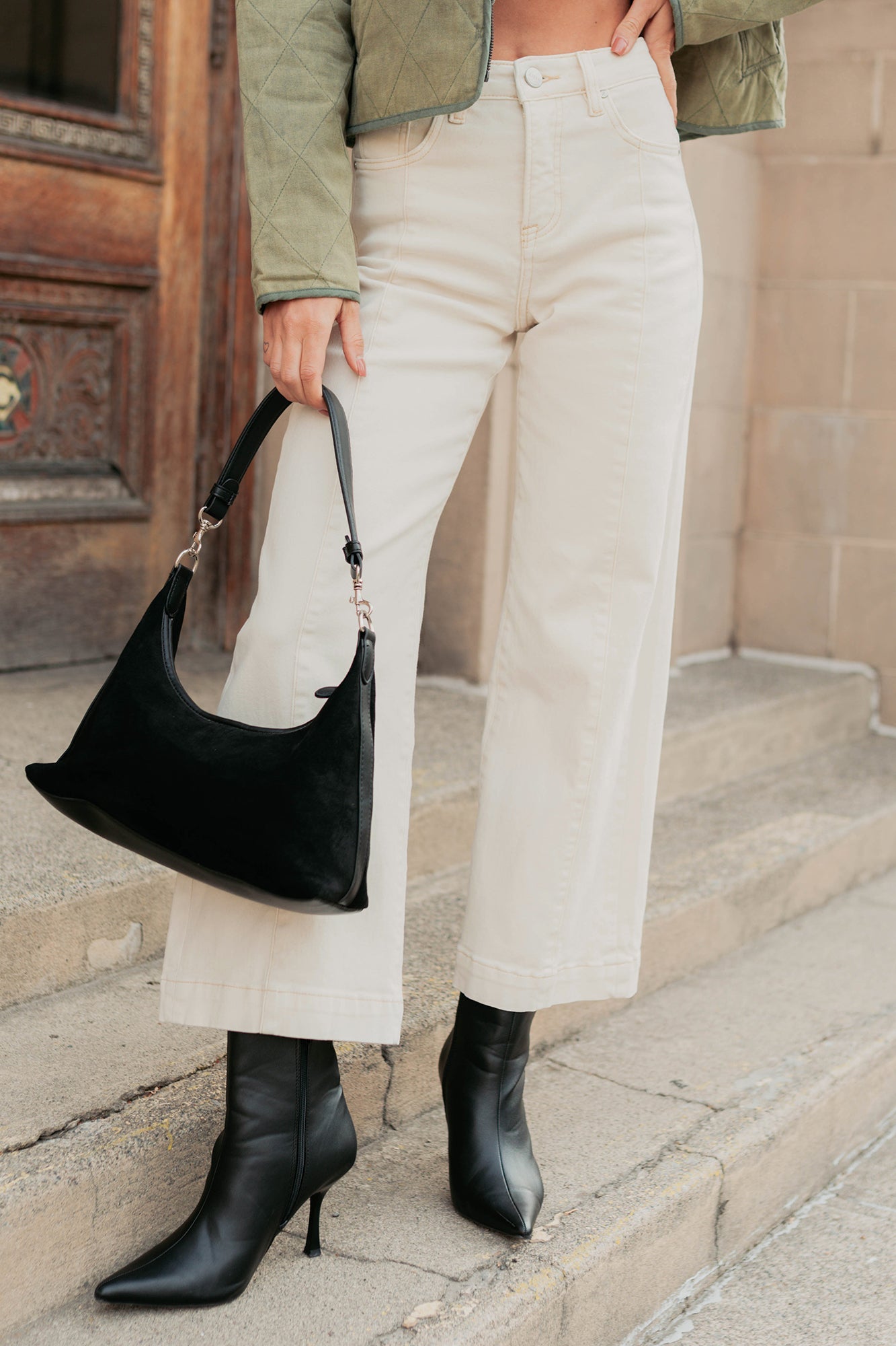 Maizie Tummy Control Wide Leg Cropped Risen Jeans (Ivory)