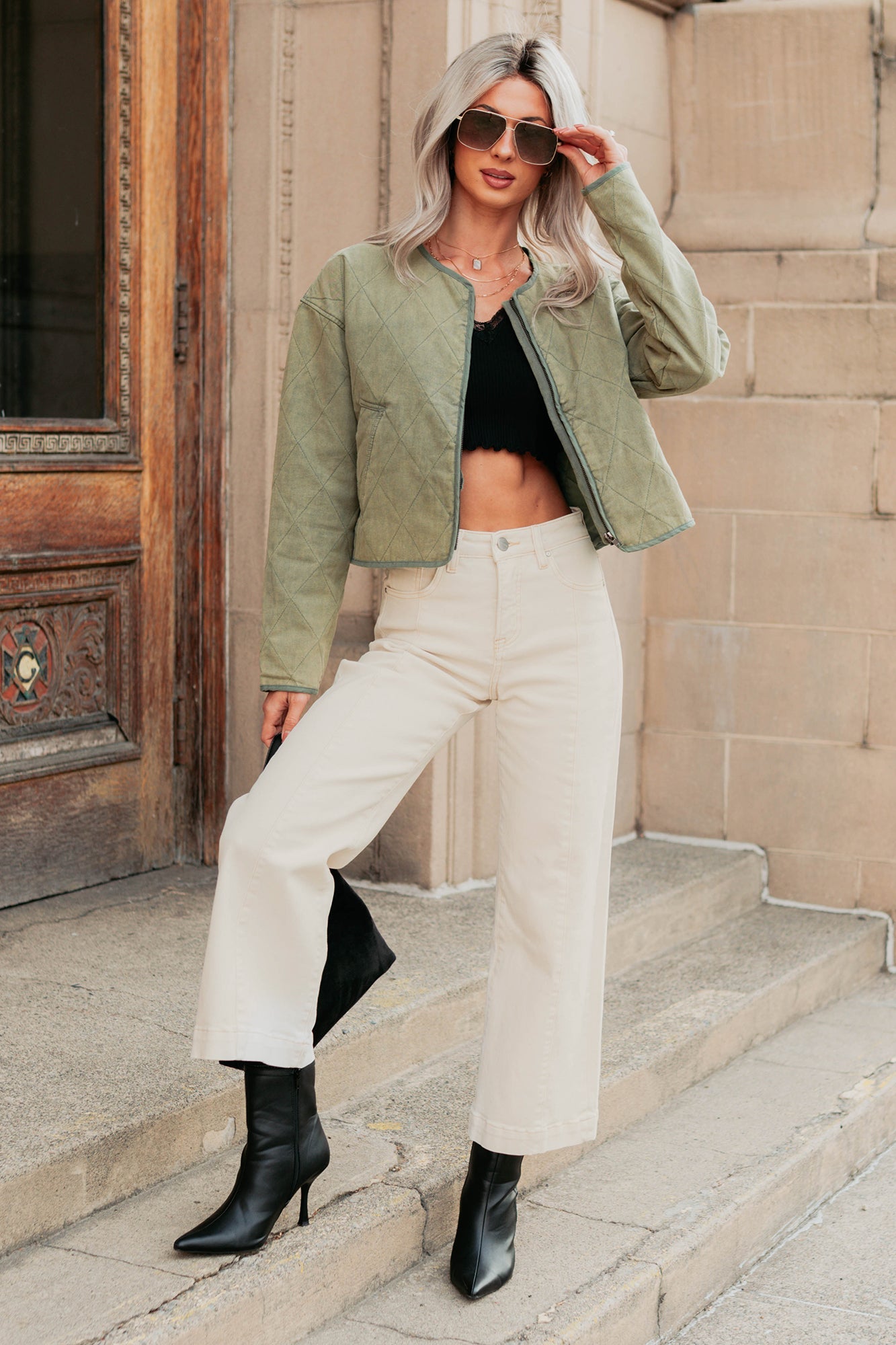 Natural Essence Quilted Zip-Up Jacket (Vintage Olive)