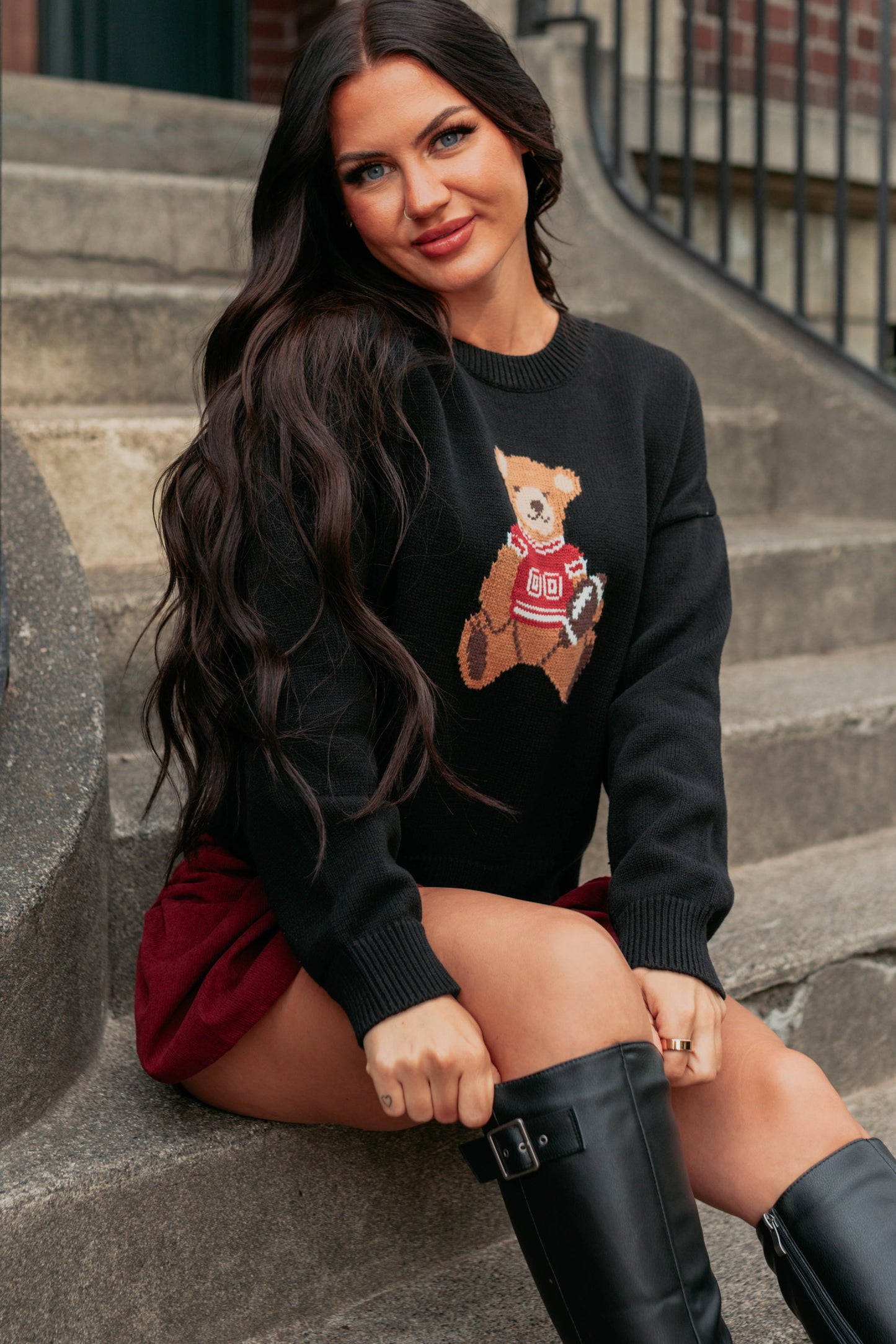 Playing For Keeps Teddy Bear Graphic Sweater (Black/Red)