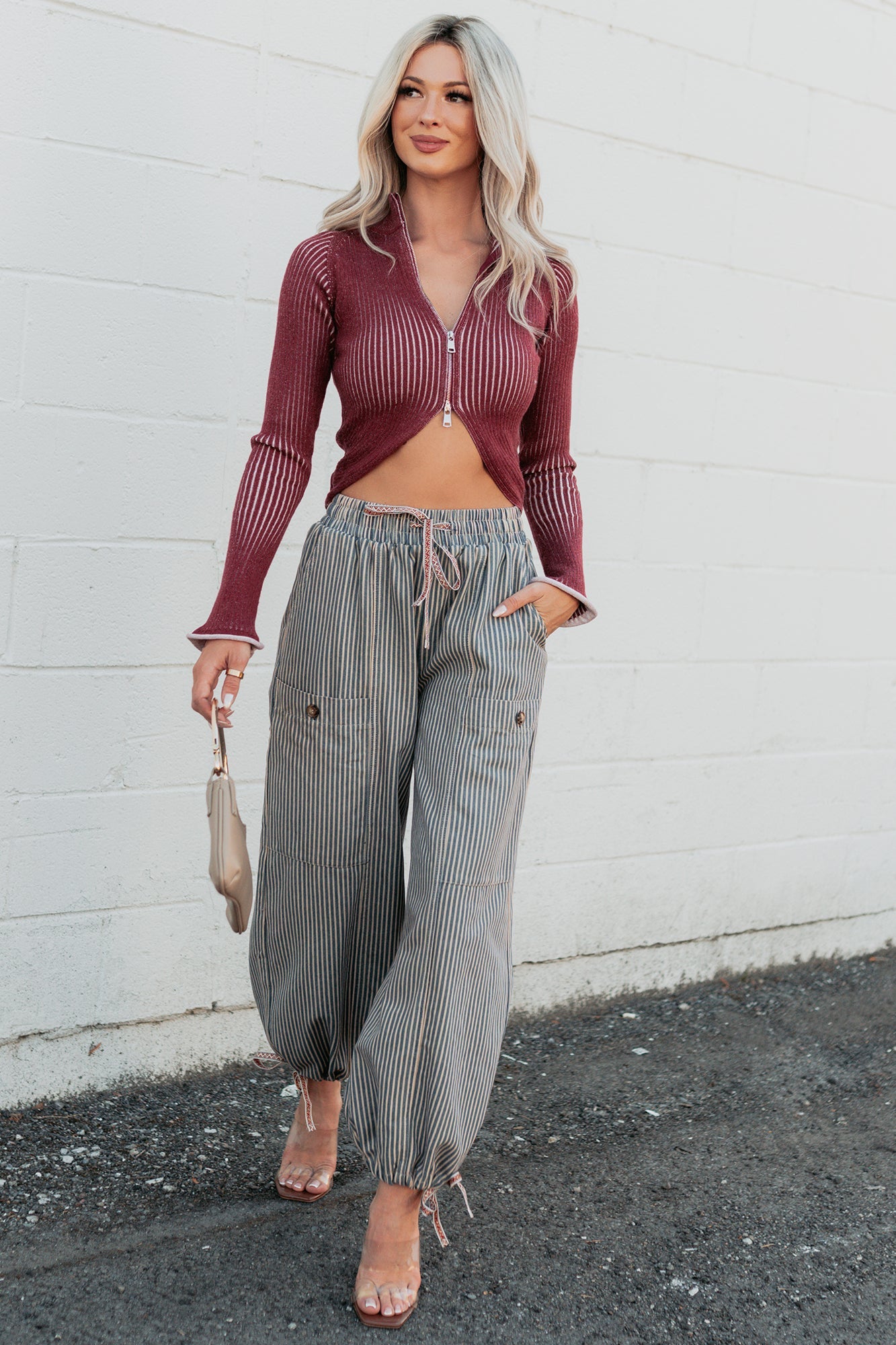 Restless Heart Striped Wide Leg Drawstring Pants (Latte)