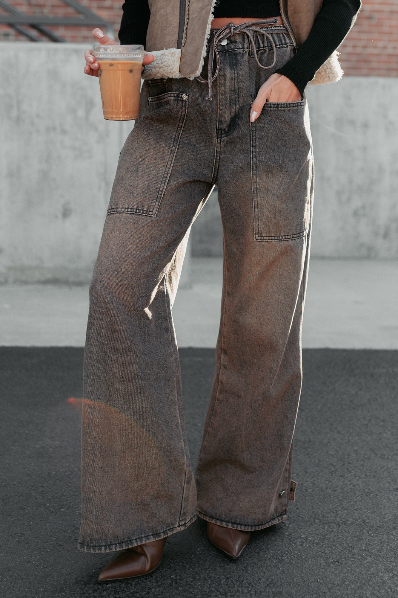 Hattie Wide Leg Washed Very J Jeans (Brown)