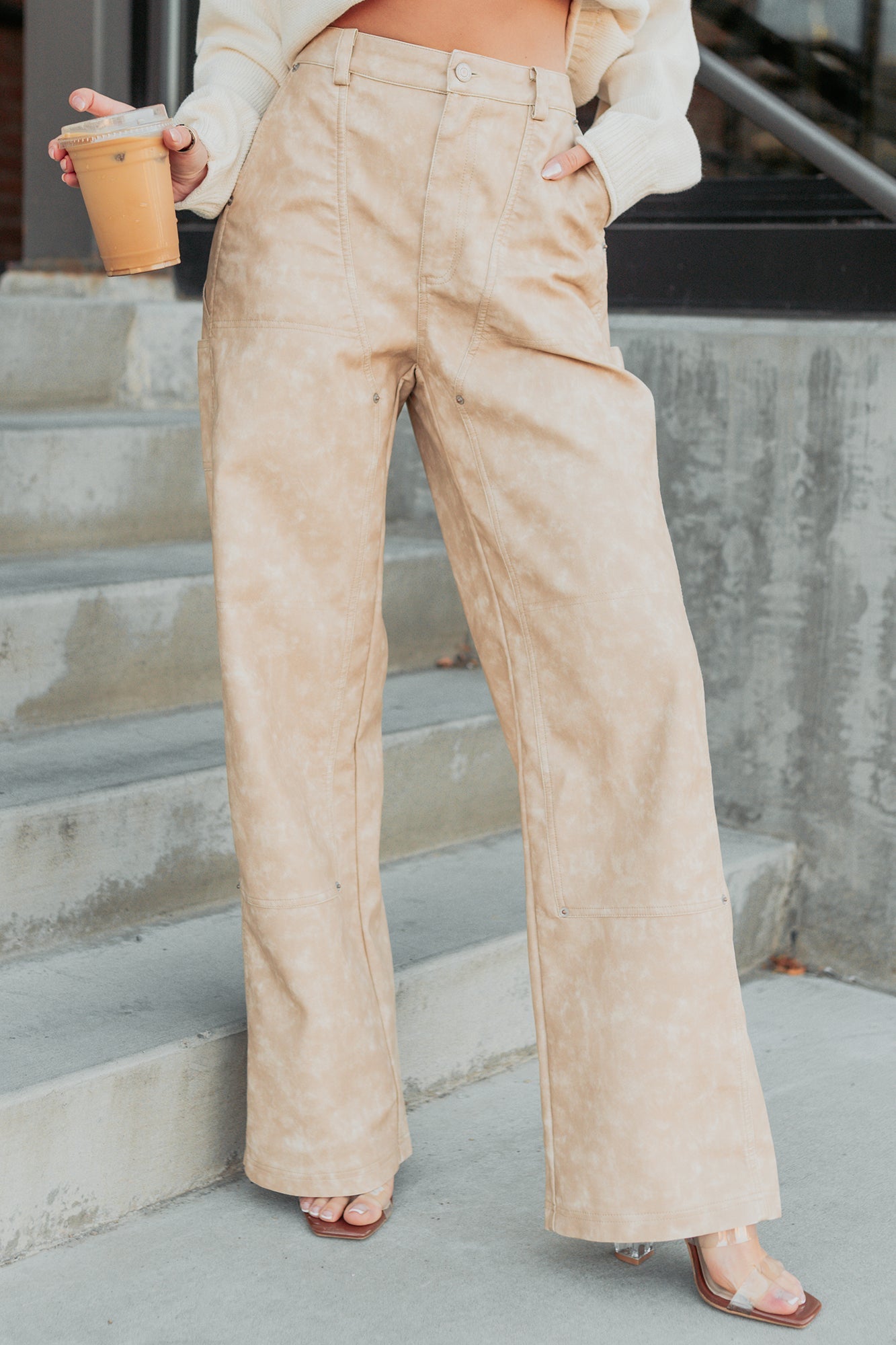 Vincent Faux Leather FORE Carpenter Pants (Beige)