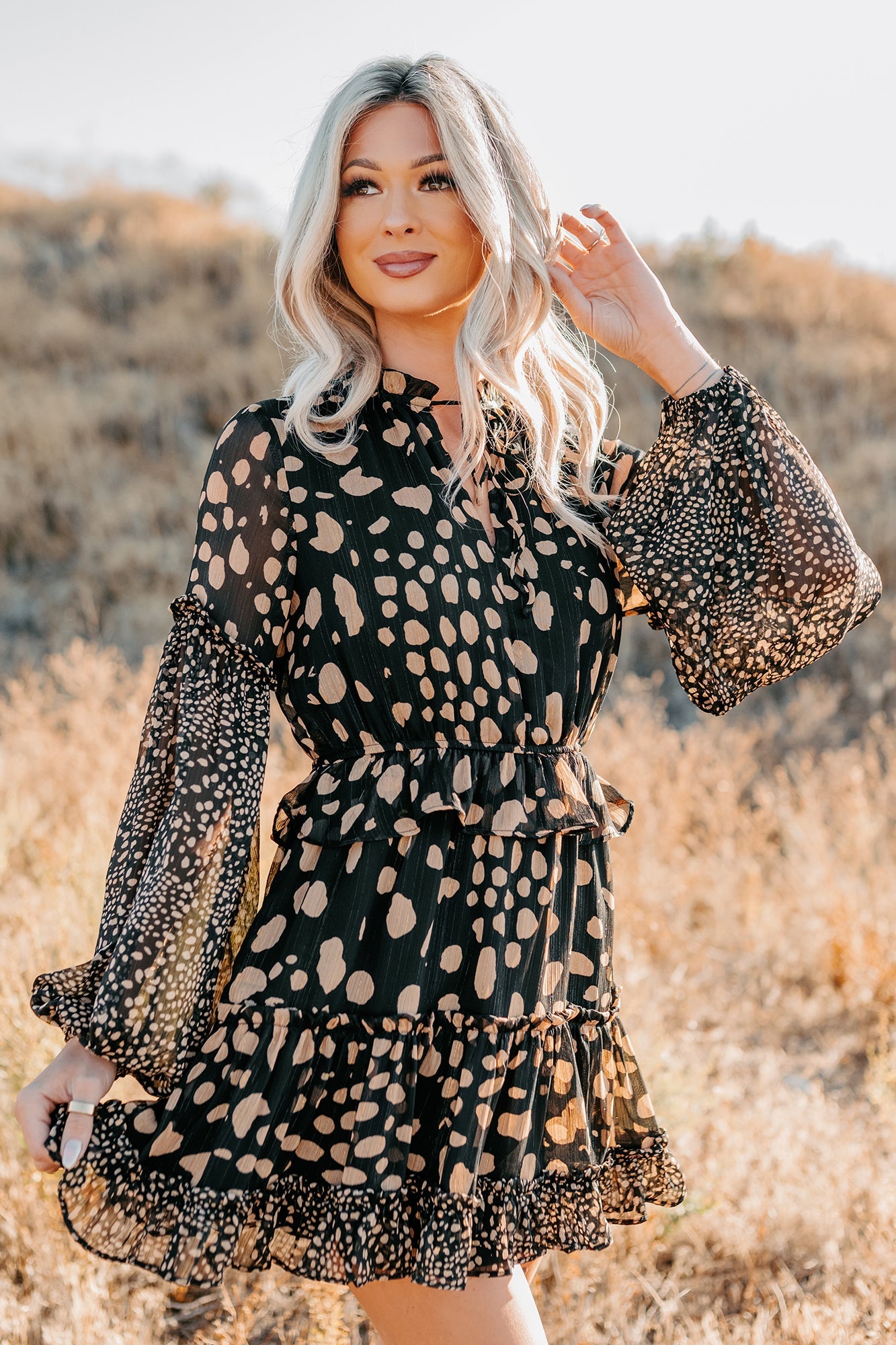 Good As Gold Chiffon Ruffle Mini Dress (Black Print)