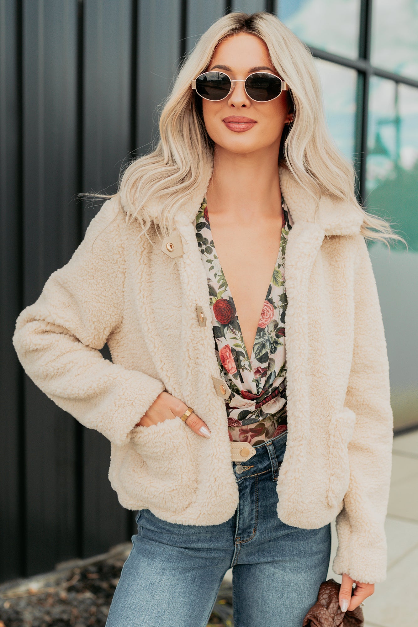 Mountain Haze Snap Button Up Sherpa Jacket (Cream)