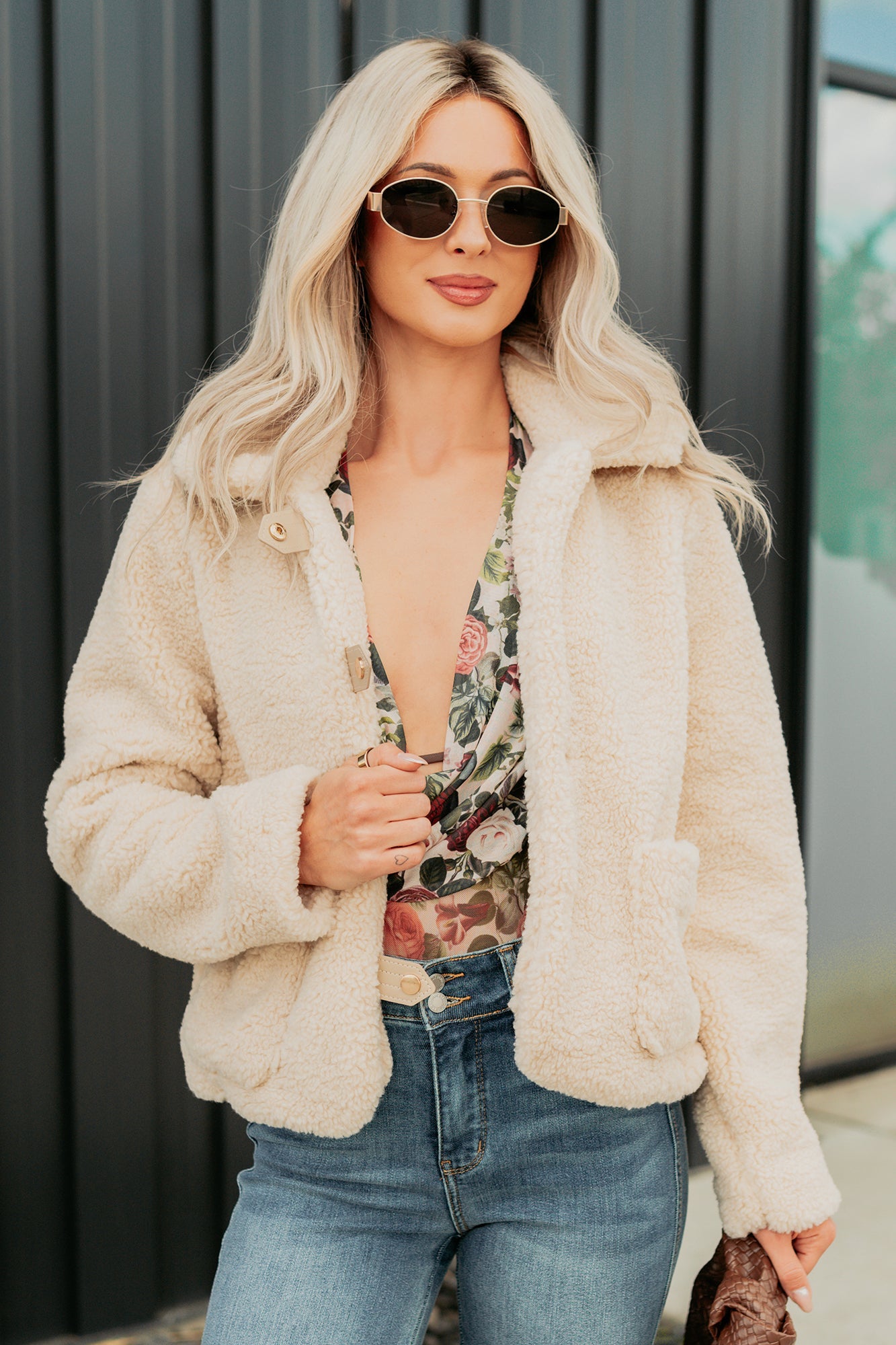 Mountain Haze Snap Button Up Sherpa Jacket (Cream)